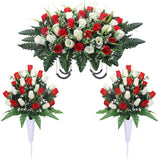 Artificial Cemetery Flower Saddles For Graves, Cemetery Memorial Flowers With Vase And 2 Memorial Bouquets For Grave Tombstone,Outdoor Grave Saddle Headstone Decorations (Red White)