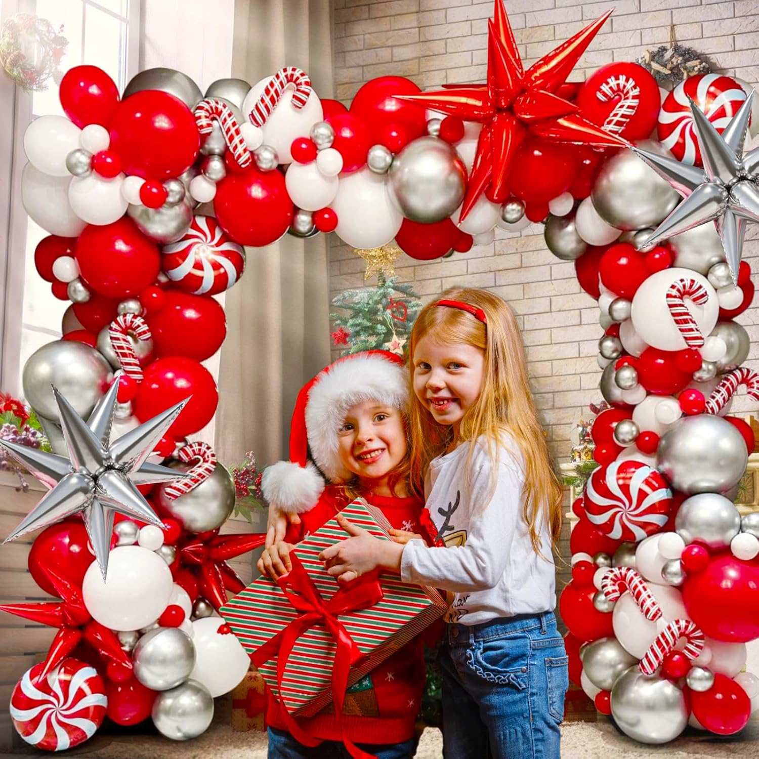 171 Pcs Christmas Balloon Garland Arch Kit With Red,White,Metallic Silver Balloons Candy Foil,Candy Cane Balloons For Christmas Party Decorations