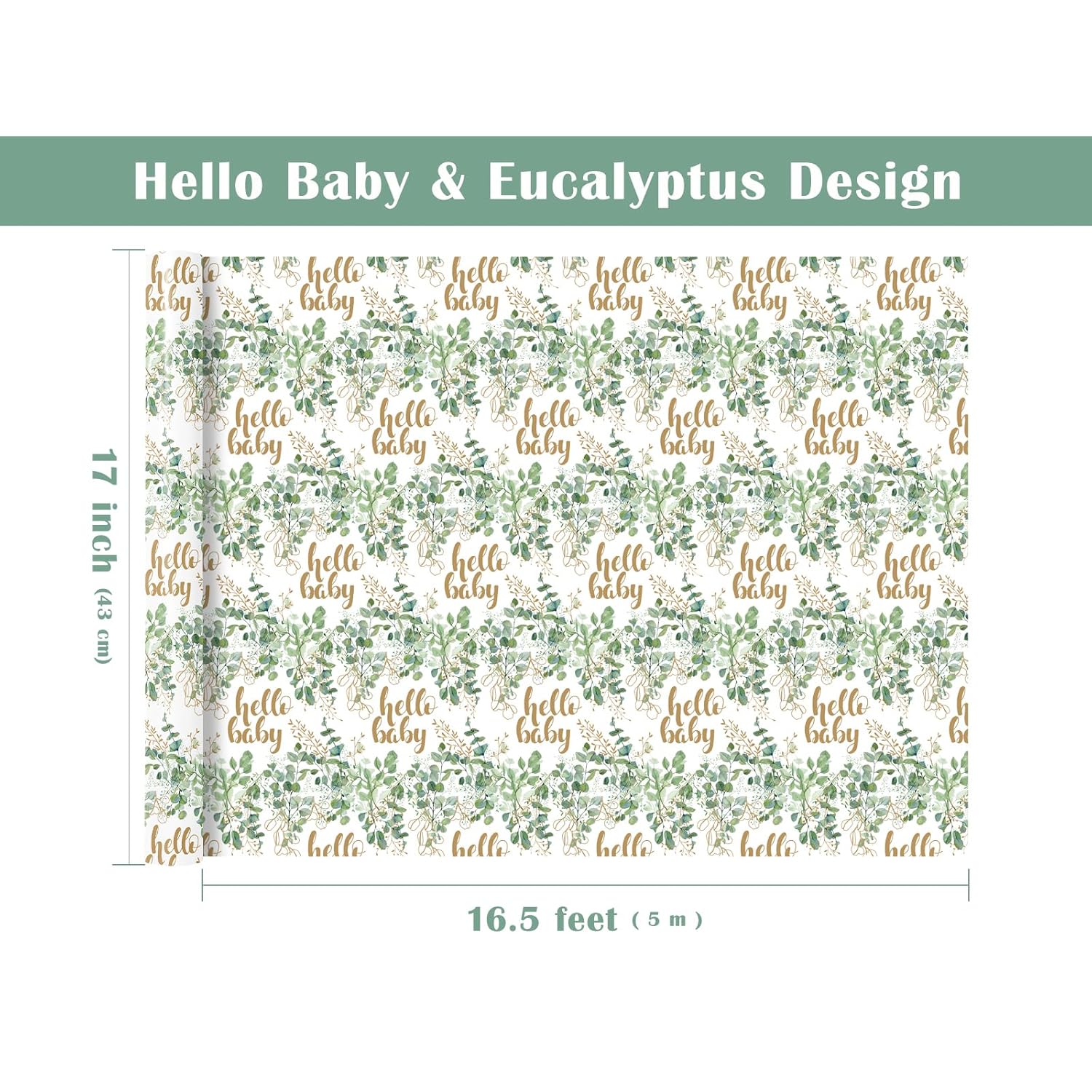 Neutral Baby Shower Wrapping Paper - Mini Roll - 17 Inch X 16.5 Feet - Hello Baby Eucalyptus Sage Green Wrapping Paper For Baby Shower, Baptism Gift Wrap, Kids Birthday