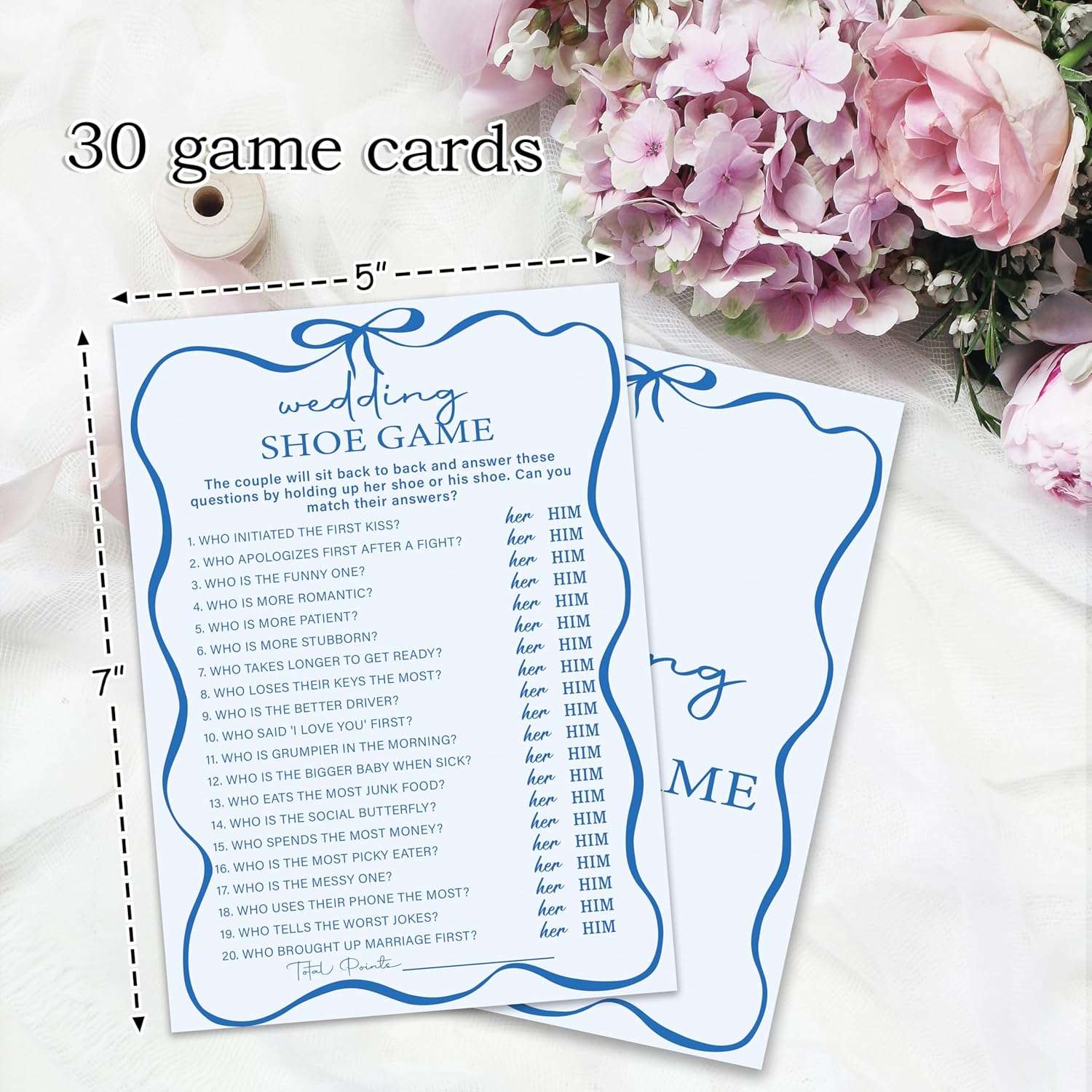 Blue Bow Bridal Shower Games For 30 Guests - Wedding Shoe Game, Wedding Games Cards For Bride Groom, Engagement Bridal Shower Party Activities For Reception -Blueyx003