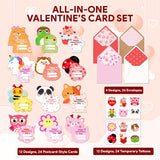 24 Pack Post Card-Style 4X5In Valentines Day Cards For Kids School With Envelopes & Temporary Tattoos, 10 Adorable Designs For Boys & Girls, Friends, With Printed Message - Gift, Mailing