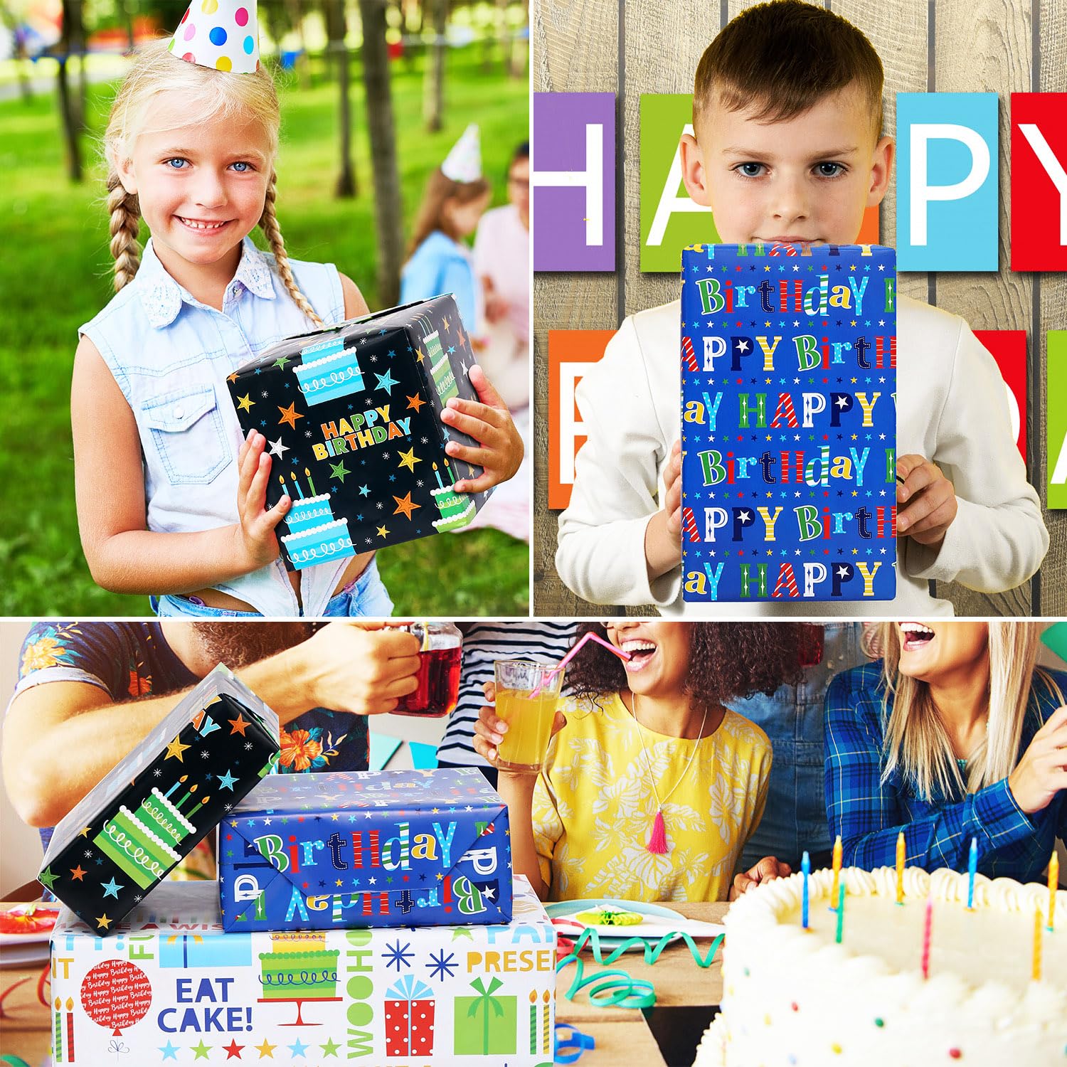 Birthday Wrapping Paper - Gift Wrapping Paper For Boys Girls Kids Men Women With Happy Birthday, Cakes, 6 Large Sheets Gift Wrap For Baby Shower, Folded Flat, 27 X 37 Inch