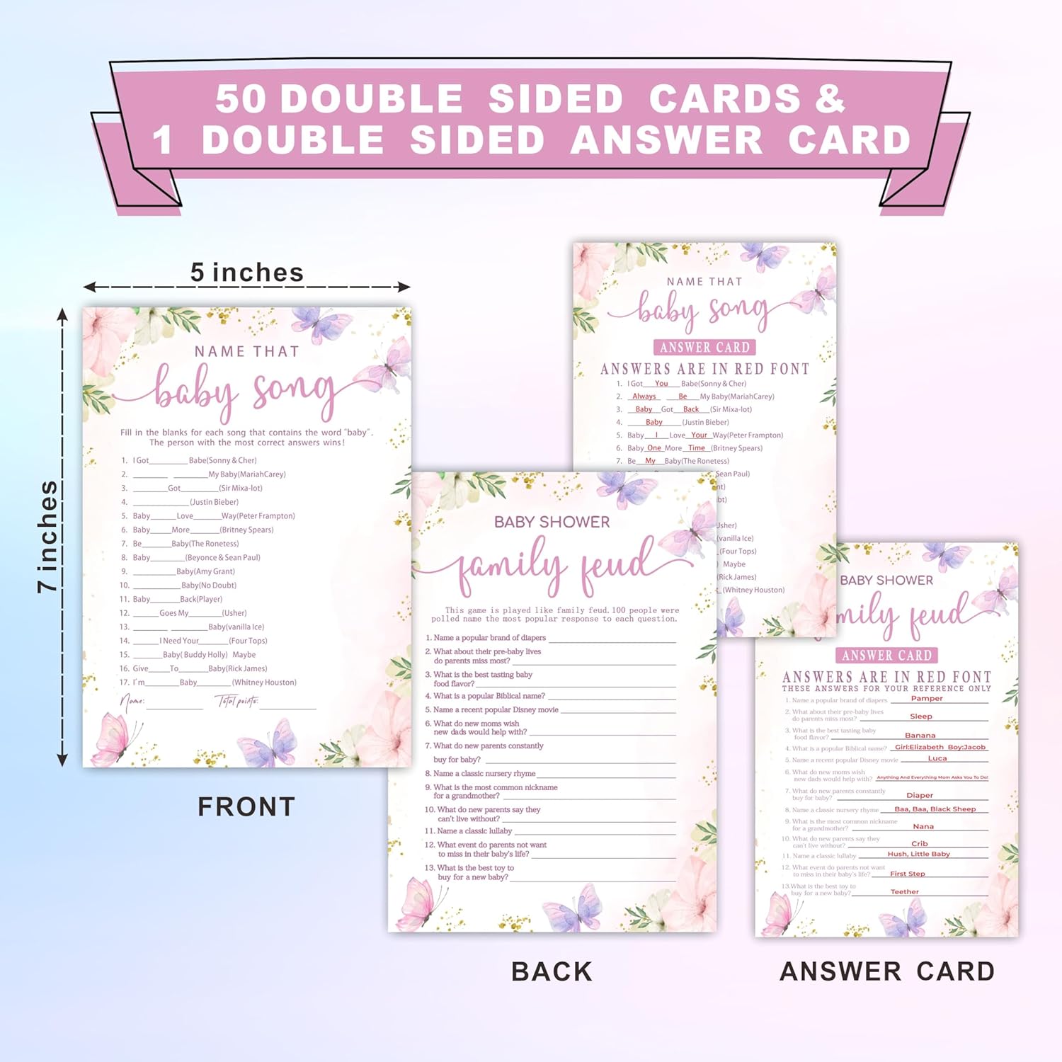 5" X 7" Floral Baby Shower Double-Sided Game Cards With Answer Card - 50 Name That Baby Song & Family Feud - 2 Games, Gender Reveal Game Cards - Party Decor & Supplies - A05