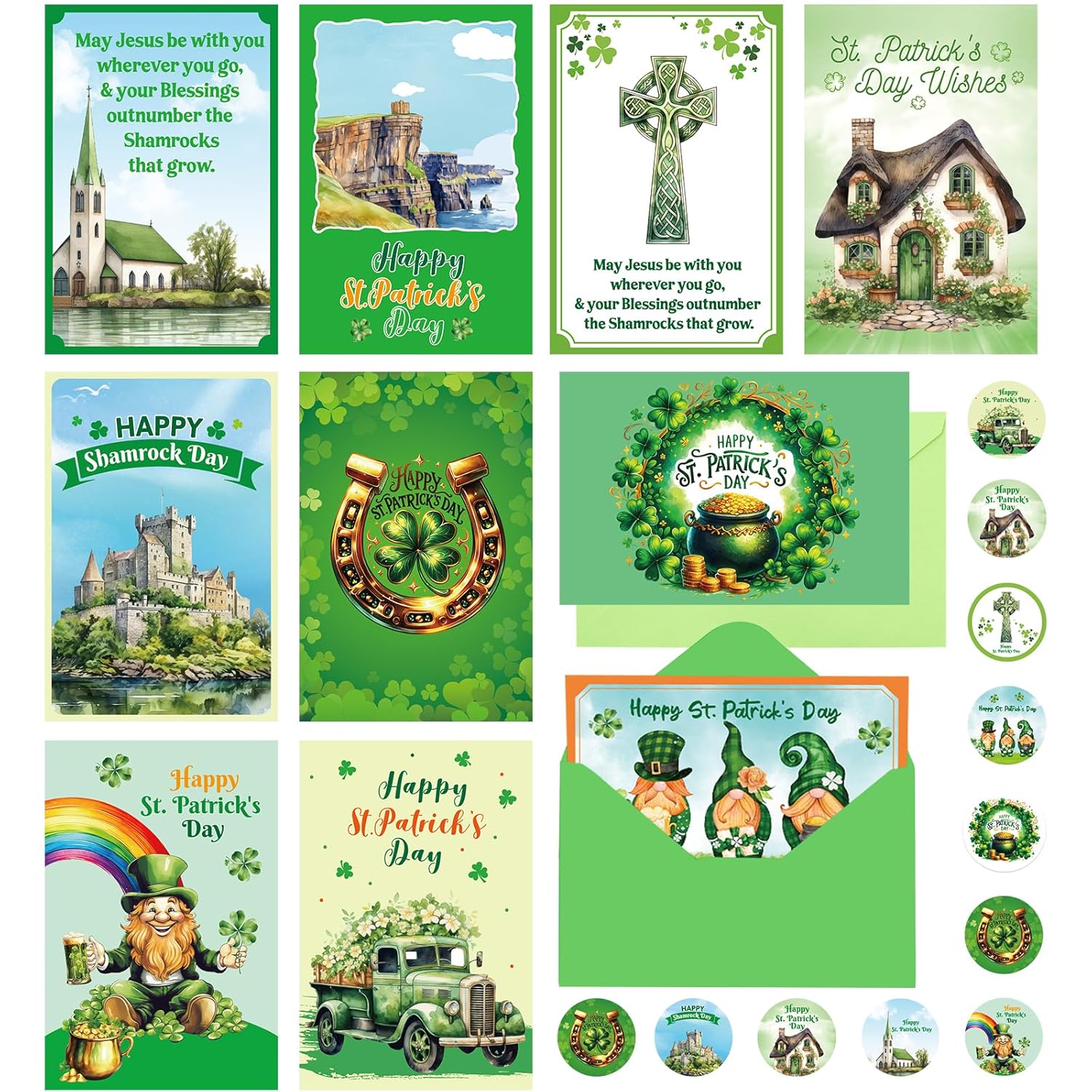 Happy St. Patrick'S Day Cards With Envelopes & Stickers 20 Pcs For Kids And Adults Irish 4X6 Inch Blessings Message Inside 10 Designs Shamrock Lucky Day Religious Saint Patricks Day Cards