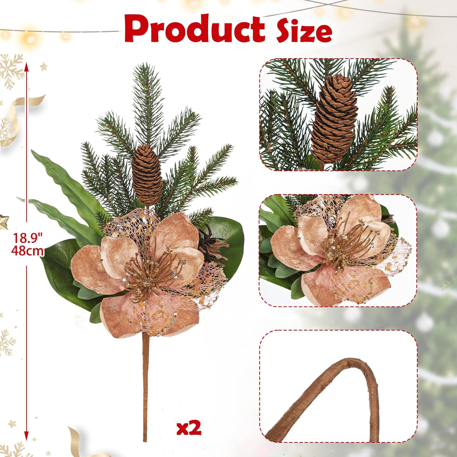 2 Pack 18.9In Christmas Magnolia Flower Picks, Artificial Magnolia Flower Spray With Pinecones For Xmas Tree Vase Floral Arrangements Wreath Decor