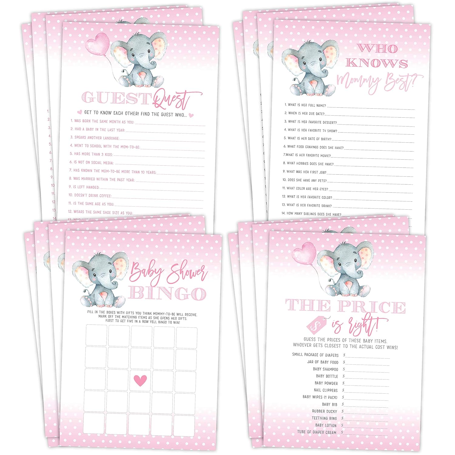 Elephant Girl Baby Shower Games - Bingo, Find The Guest, The Price Is Right, Who Knows Mommy Best - 25 Games Each, Printed Front And Back, 1 Game Per Side
