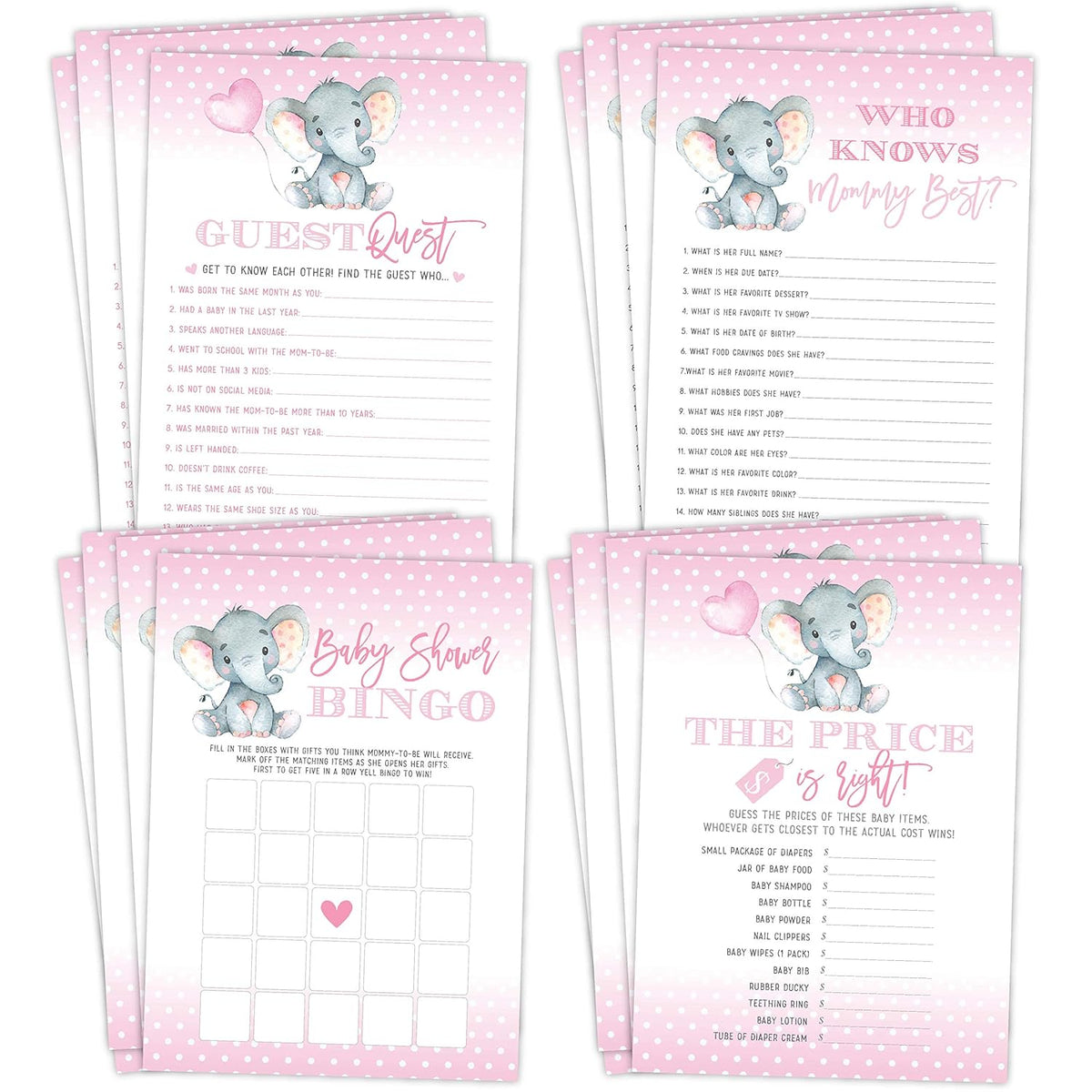 Elephant Girl Baby Shower Games - Bingo, Find The Guest, The Price Is Right, Who Knows Mommy Best - 25 Games Each, Printed Front And Back, 1 Game Per Side
