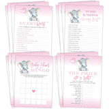 Elephant Girl Baby Shower Games - Bingo, Find The Guest, The Price Is Right, Who Knows Mommy Best - 25 Games Each, Printed Front And Back, 1 Game Per Side
