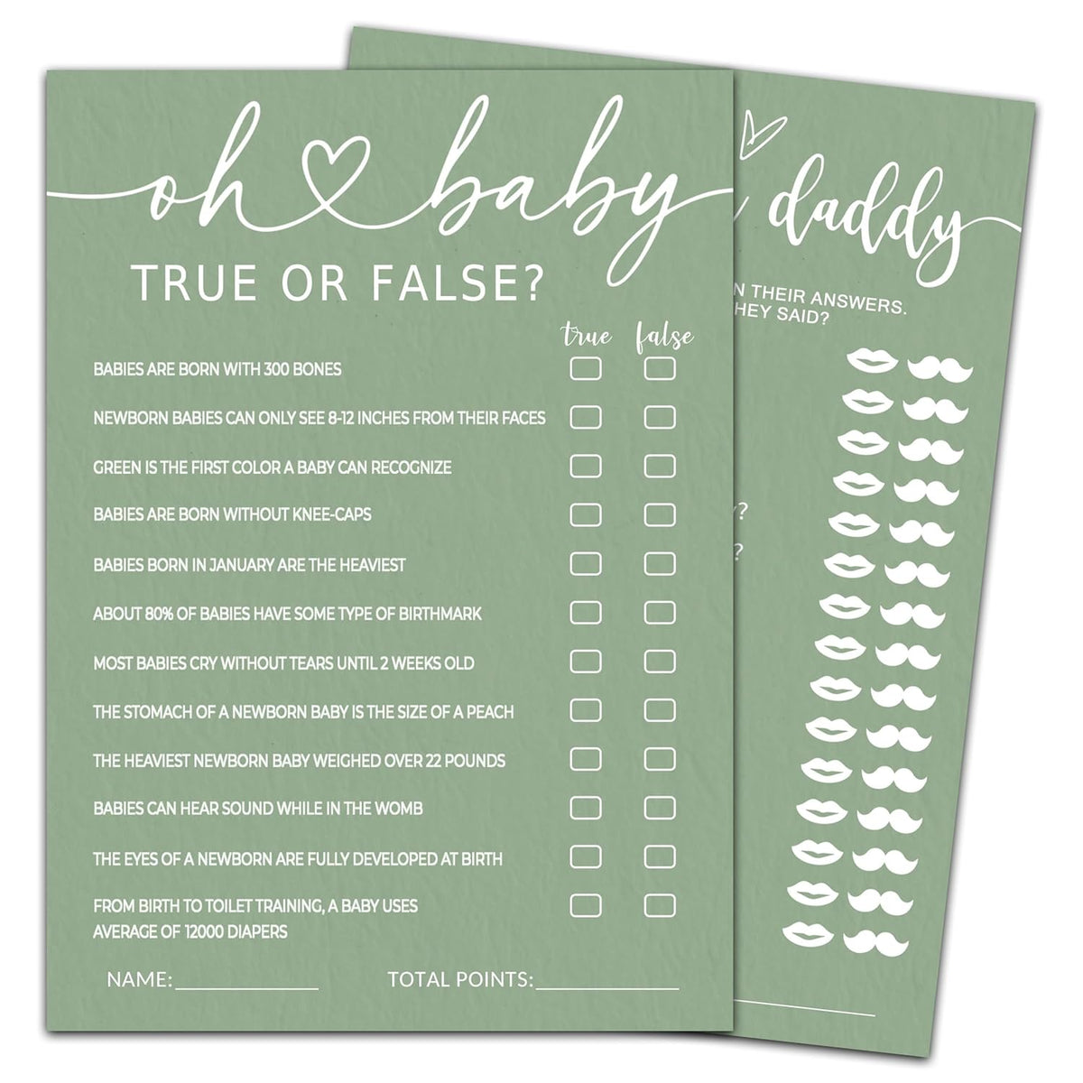 Hilarious Baby Shower Game Cards Ideas, 5" X 7" Double-Sided Baby Shower Games For Girl Or Boy, Green Minimalism Gender Reveal Party Supplies - D08