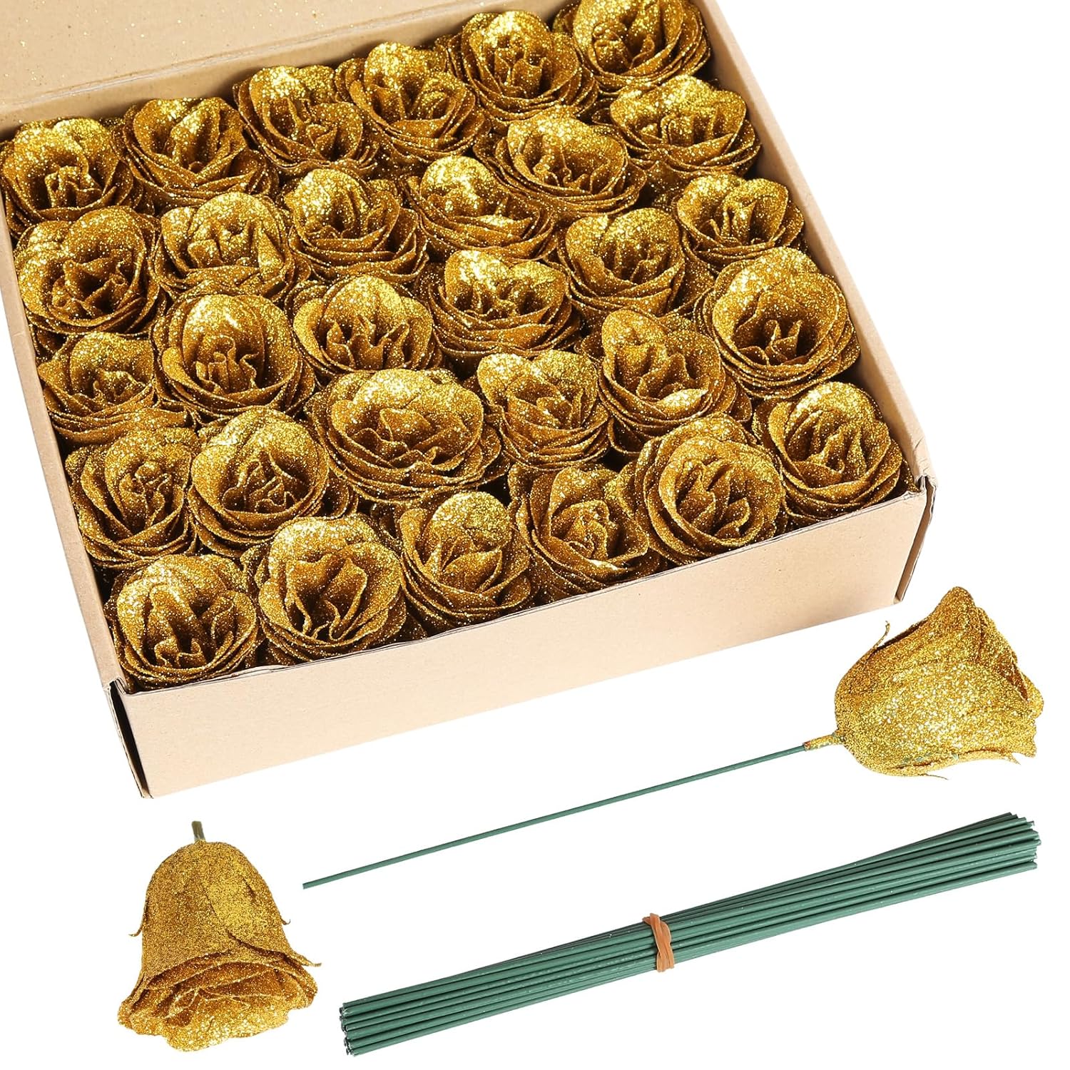 Gold Roses,30Pcs Sparkle Roses Gold Flowers Artificial Roses With Stems For Crafts Wedding Bouquet Party Home Decor(Gold)