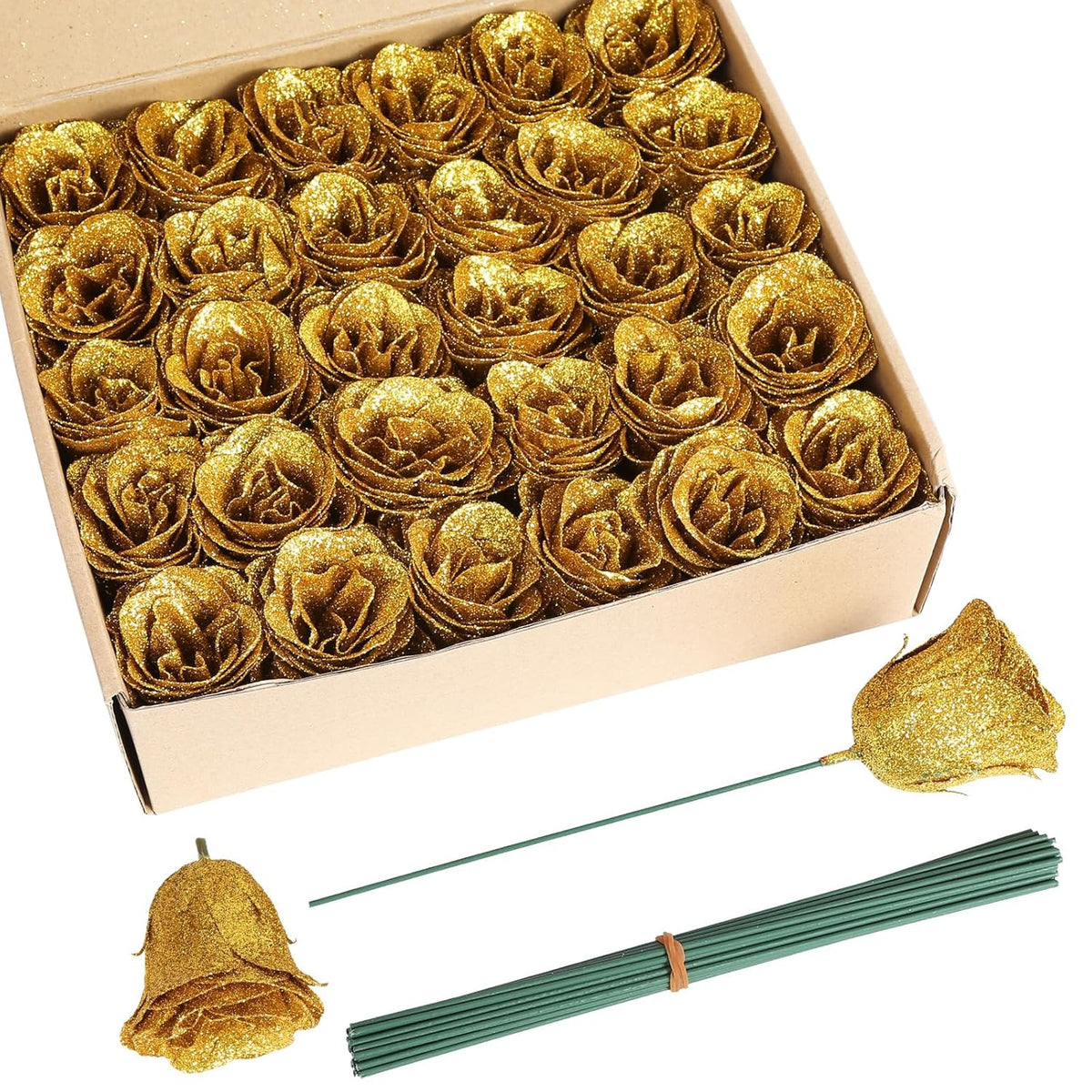 Gold Roses,30Pcs Sparkle Roses Gold Flowers Artificial Roses With Stems For Crafts Wedding Bouquet Party Home Decor(Gold)