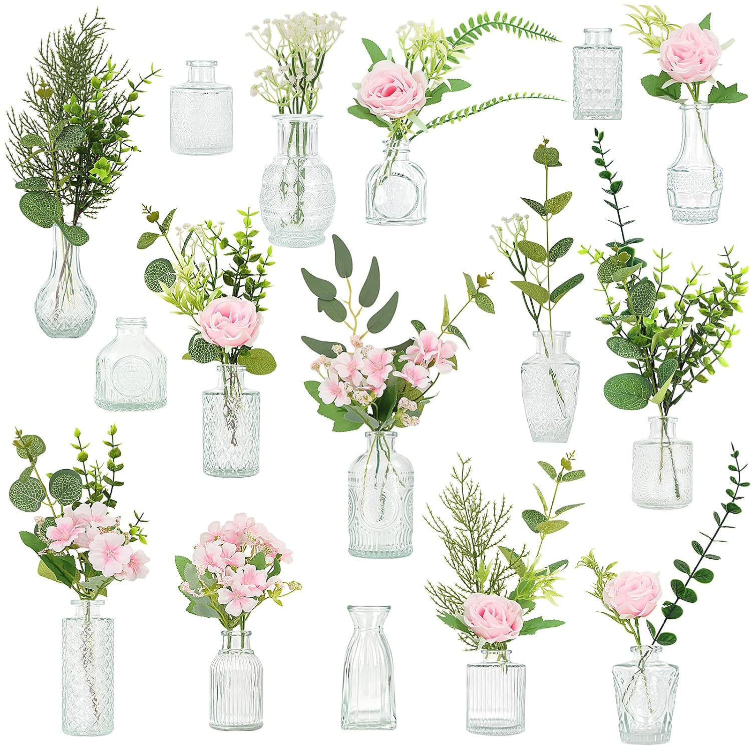 Artificial Flowers With Vases, 16 Pcs Bud Vases, & 81 Pcs Artificial Plants Diy Set Suitable For Centerpieces Table Weddings Party Office And Indoor Decor Mini Small Glass Clear(White)