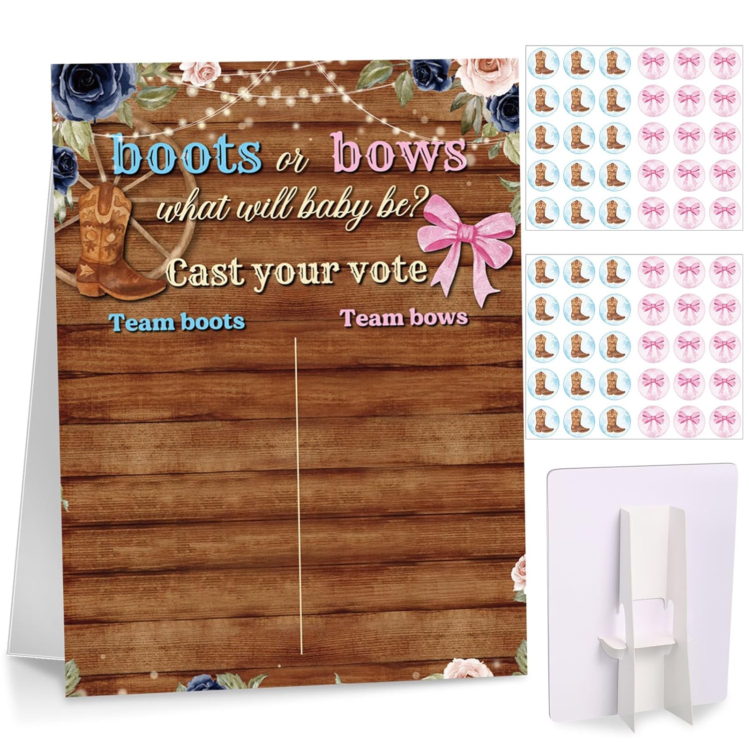 Boots Or Bows Gender Reveal Game Board With Stand, 60 Pink Bow & Brown Boot Stickers, Cast Your Vote Baby Shower Party Supplies, Boy Or Girl Guessing Game Decorations For Gender Reveal Party