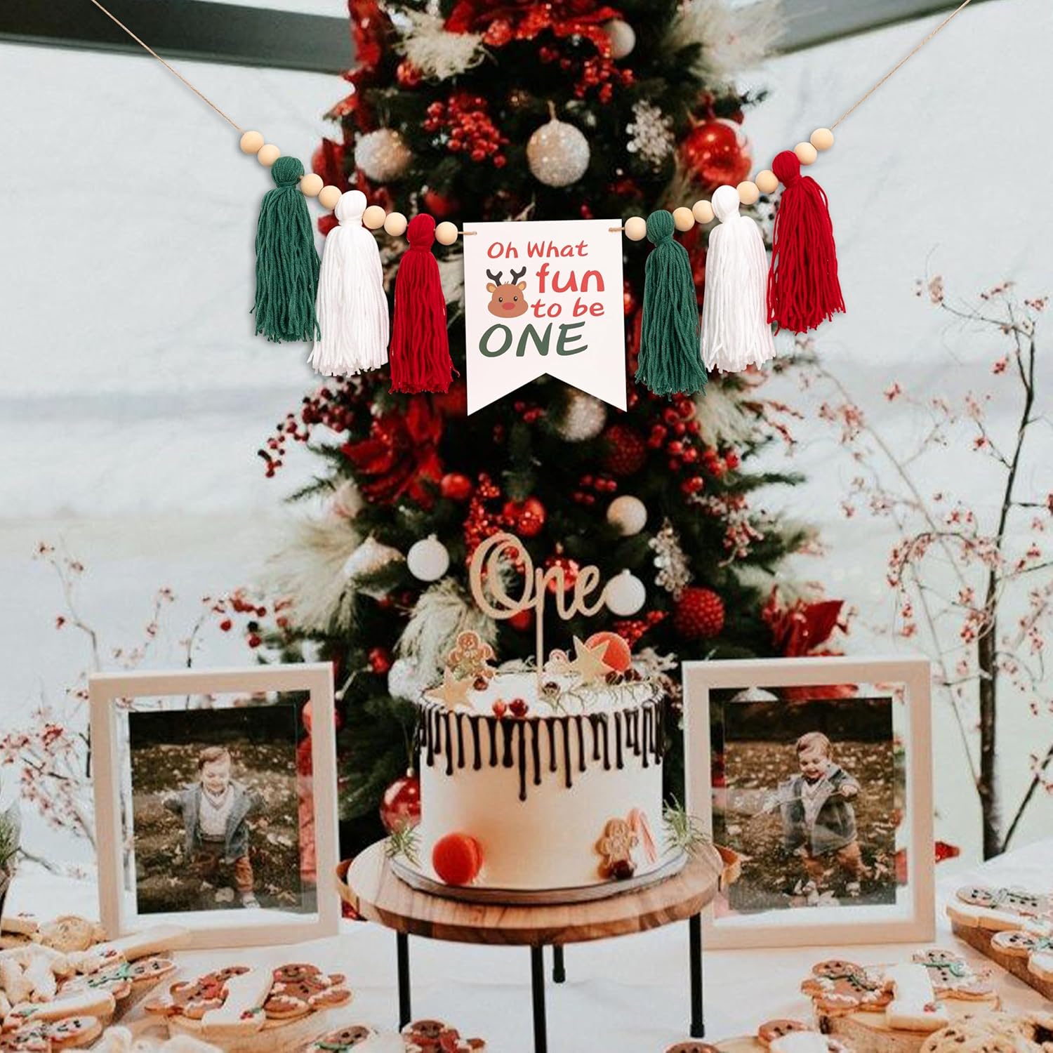 Christmas High Chair Banner - What Fun It Is To Be One Highchair Banner,Little Reindeer Xmas Garland,Merry Little Christmas Decorations (Christmas Tassel)