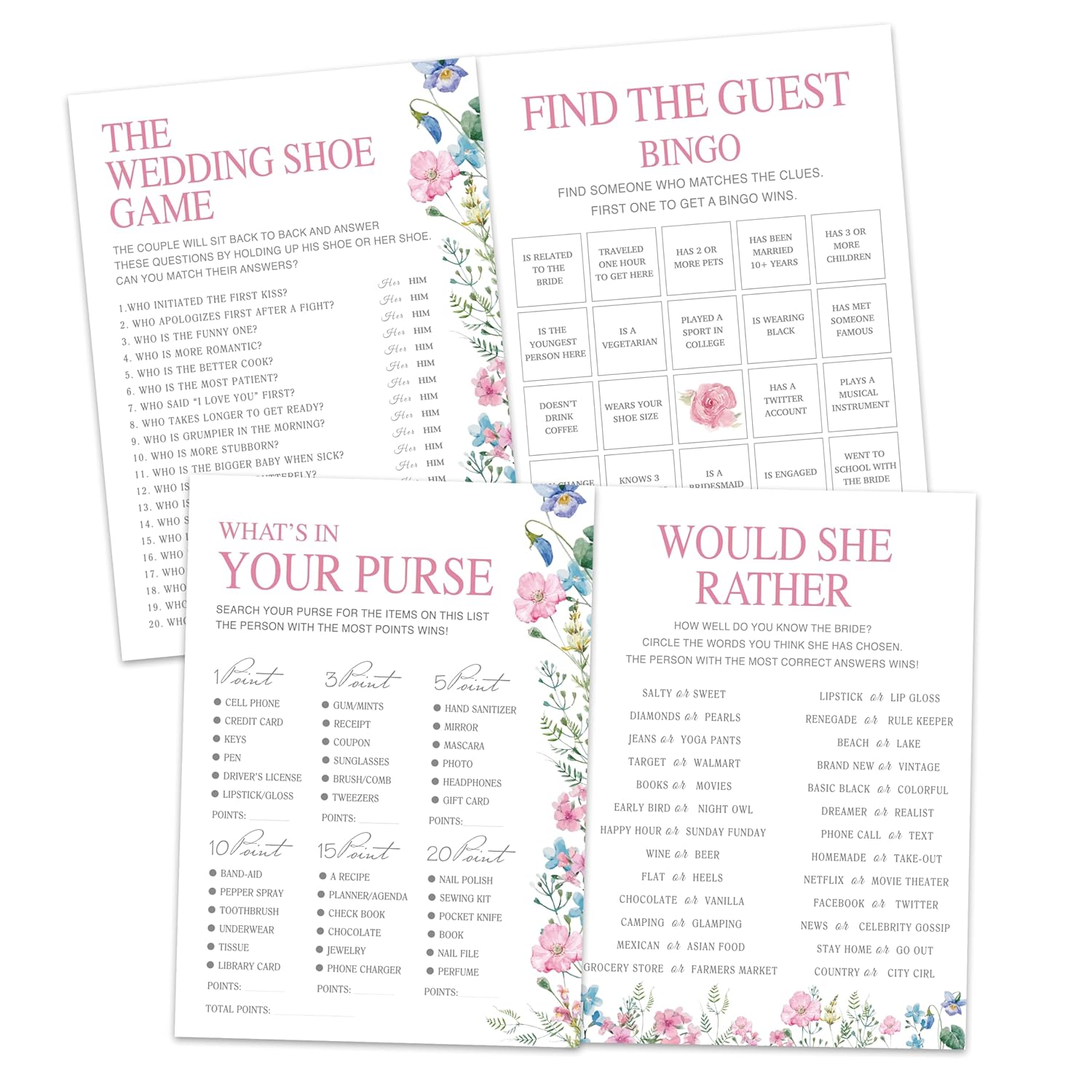 Bridal Shower Games Set– 50 Pack, Floral Wedding Party Games Cards, 4 Game Designs, Newlyweds Party Decoration, Engagement Party Games Supplies, Bachelorette Party Ideas -01
