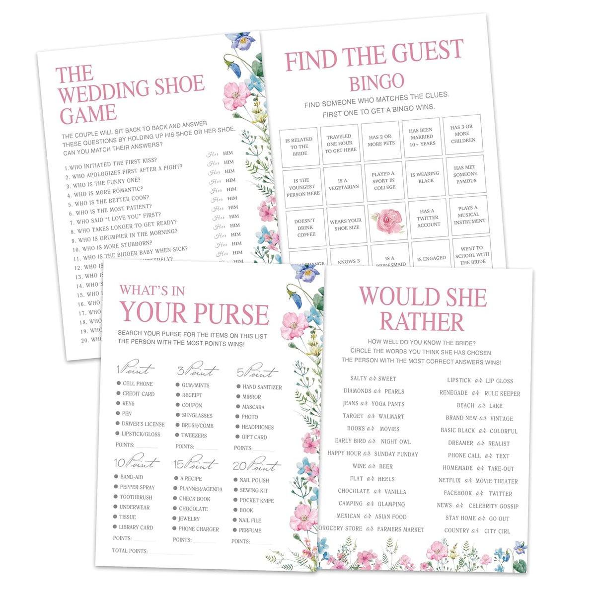 Bridal Shower Games Set– 50 Pack, Floral Wedding Party Games Cards, 4 Game Designs, Newlyweds Party Decoration, Engagement Party Games Supplies, Bachelorette Party Ideas -01