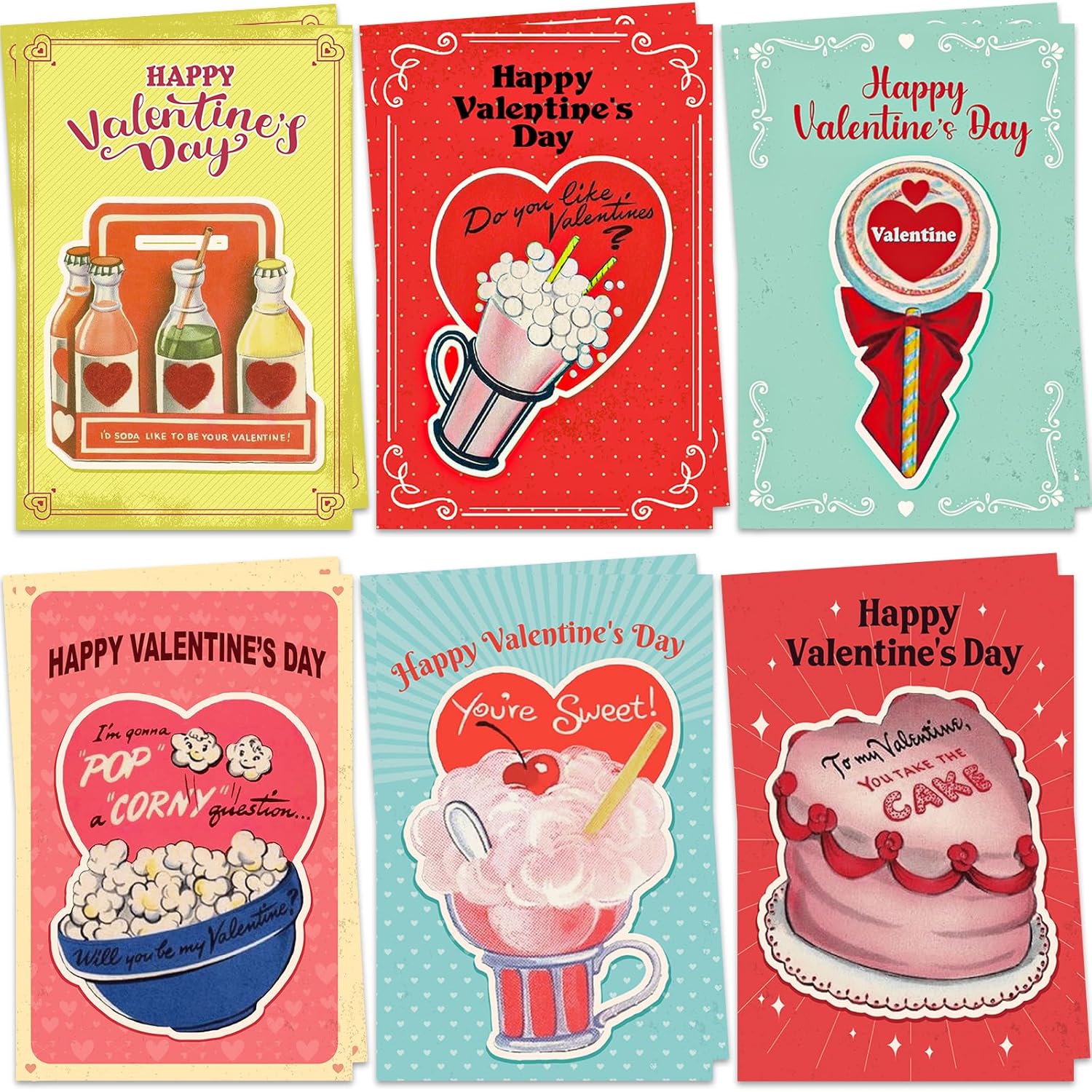 Vintage Valentines Day Cards Retro Dessert Happy Valentine'S Day Greeting Card Bulk With Envelopes For Kids Adults Classroom Gifts Party Favors