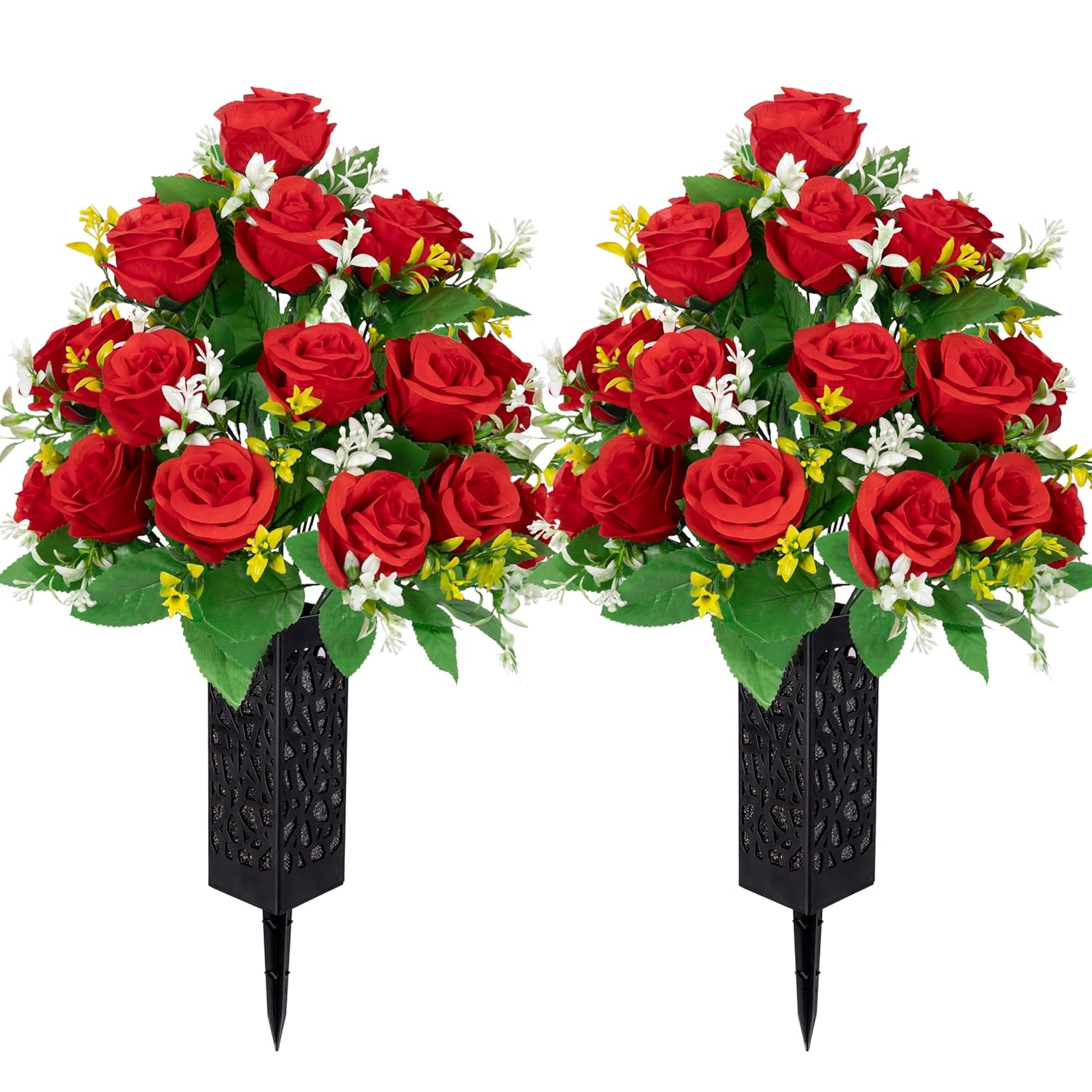 2 Sets Artificial Cemetery Flowers,Memorial Flowers,Beautiful Arrangements For Headstones,Black Plastic Vase With Drainage Hole Long Spikes Outdoor Memorials (Red)
