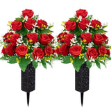 2 Sets Artificial Cemetery Flowers,Memorial Flowers,Beautiful Arrangements For Headstones,Black Plastic Vase With Drainage Hole Long Spikes Outdoor Memorials (Red)