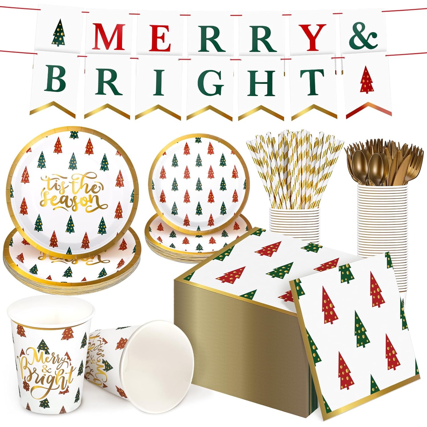 202 Pcs Christmas Party Supplies Merry Bright Banner Xmas Tree Print Paper Plates Napkins Cups Straws Knives Forks Disposable Christmas Dinnerware Set Serves 25 Guests Xmas Holiday Decorations