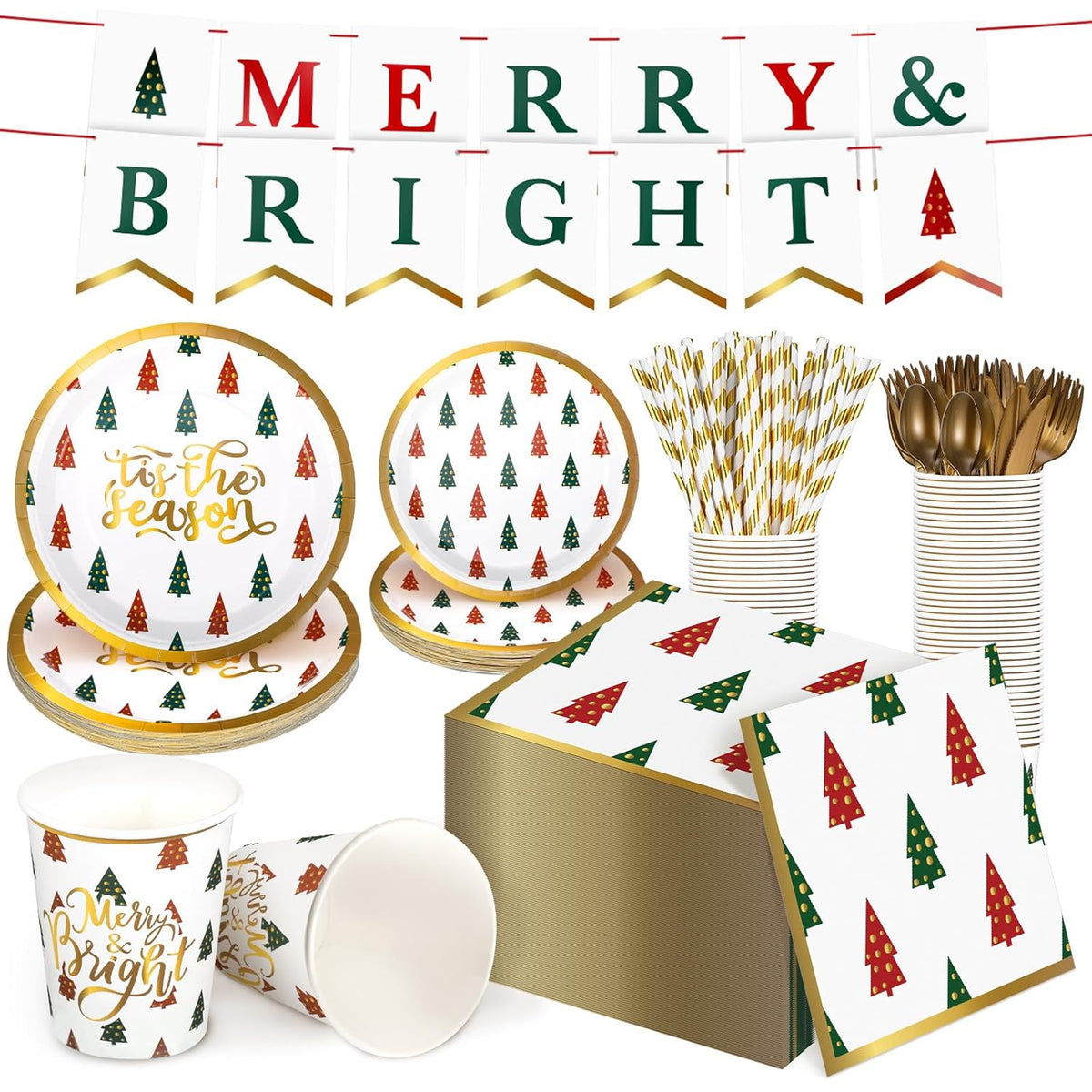 202 Pcs Christmas Party Supplies Merry Bright Banner Xmas Tree Print Paper Plates Napkins Cups Straws Knives Forks Disposable Christmas Dinnerware Set Serves 25 Guests Xmas Holiday Decorations