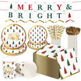 202 Pcs Christmas Party Supplies Merry Bright Banner Xmas Tree Print Paper Plates Napkins Cups Straws Knives Forks Disposable Christmas Dinnerware Set Serves 25 Guests Xmas Holiday Decorations