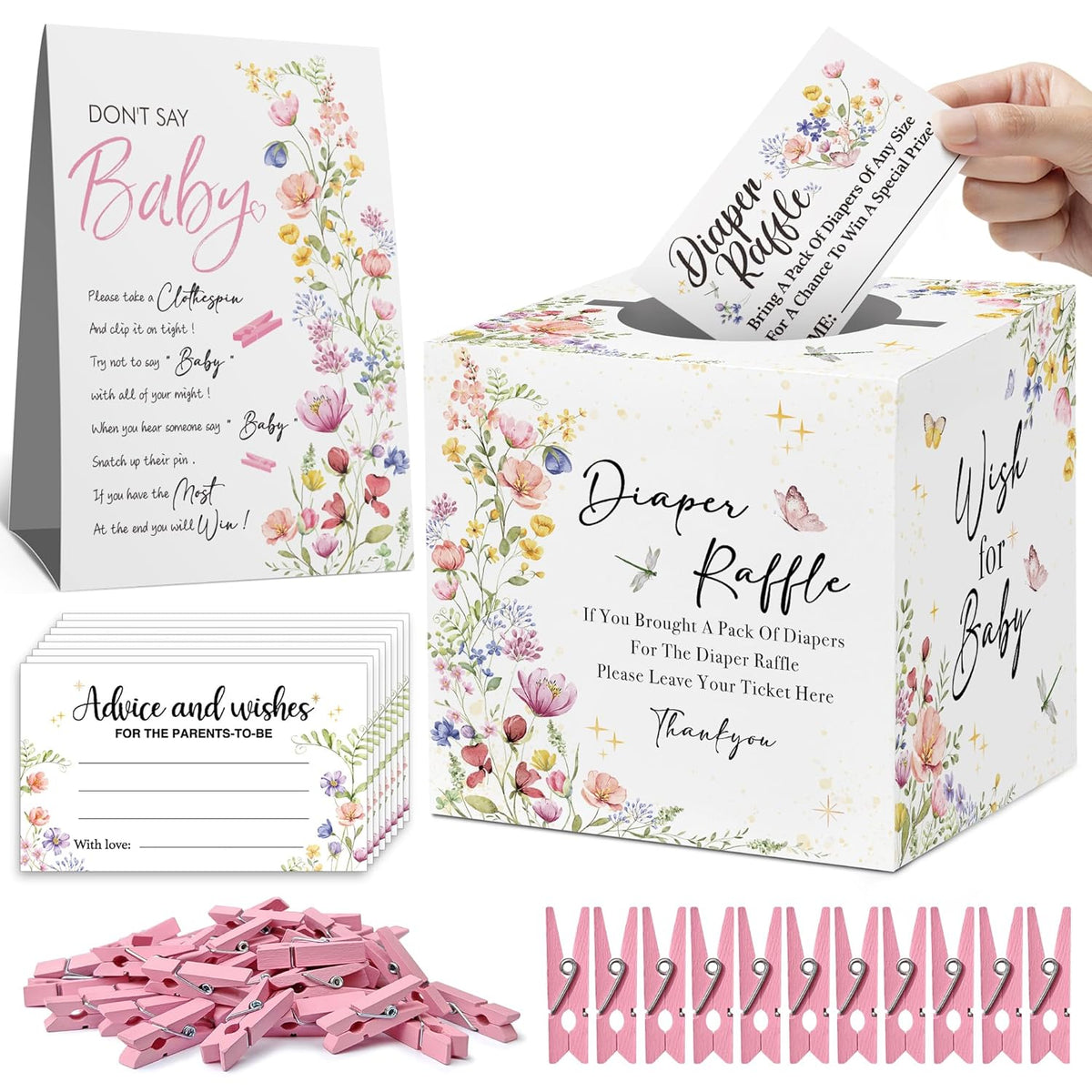 Bloom Diaper Raffle Box With 50 Tickets - Don'T Say Baby Game, Boho Wildflowers Baby Shower Games Kit For Girls-W1