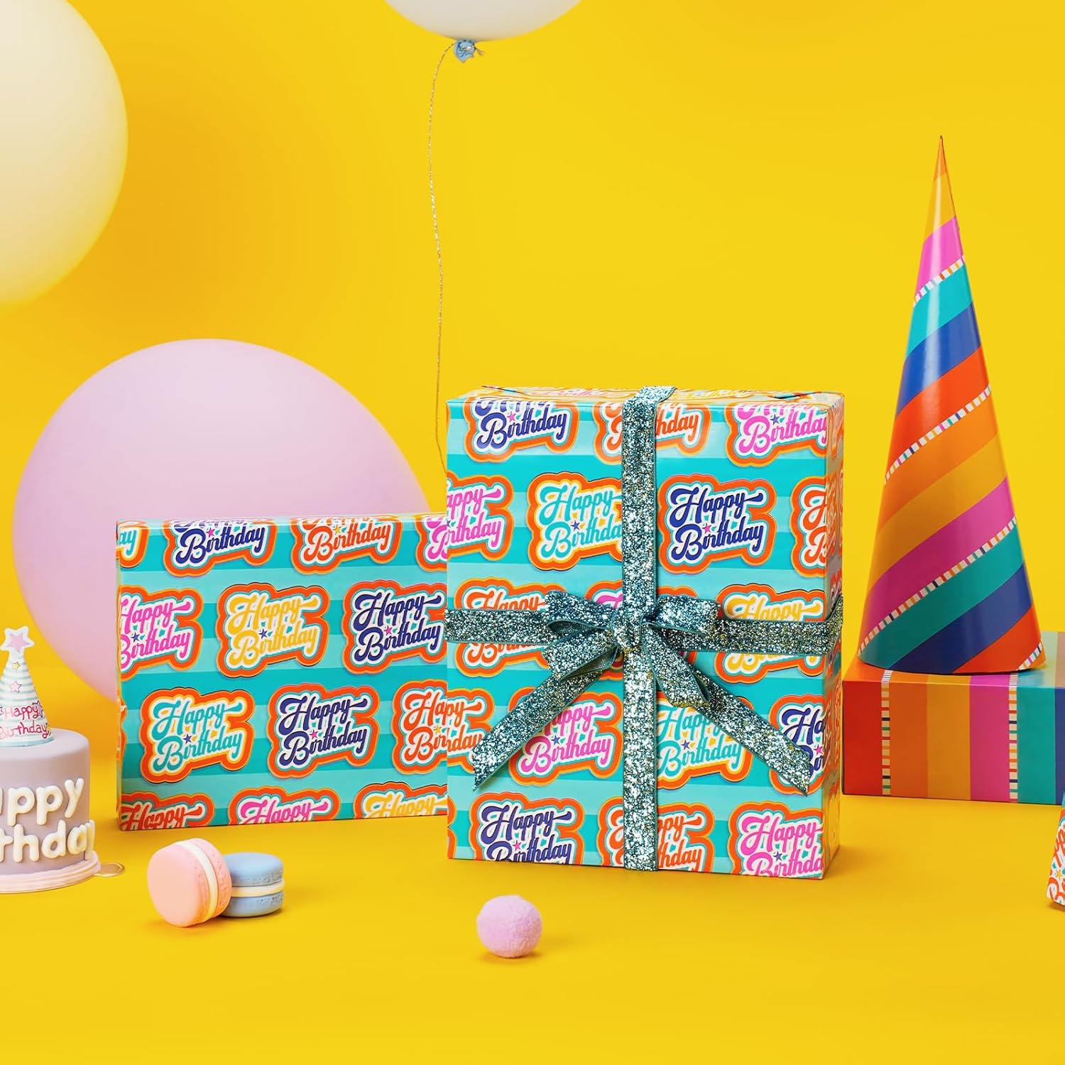 Birthday Reversible Wrapping Paper Mini Roll, Happy Birthday Text And Colorful Stripes, Perfect For Parties And Holiday Gifts, 17" X 33' (46.7 Sq. Ft)