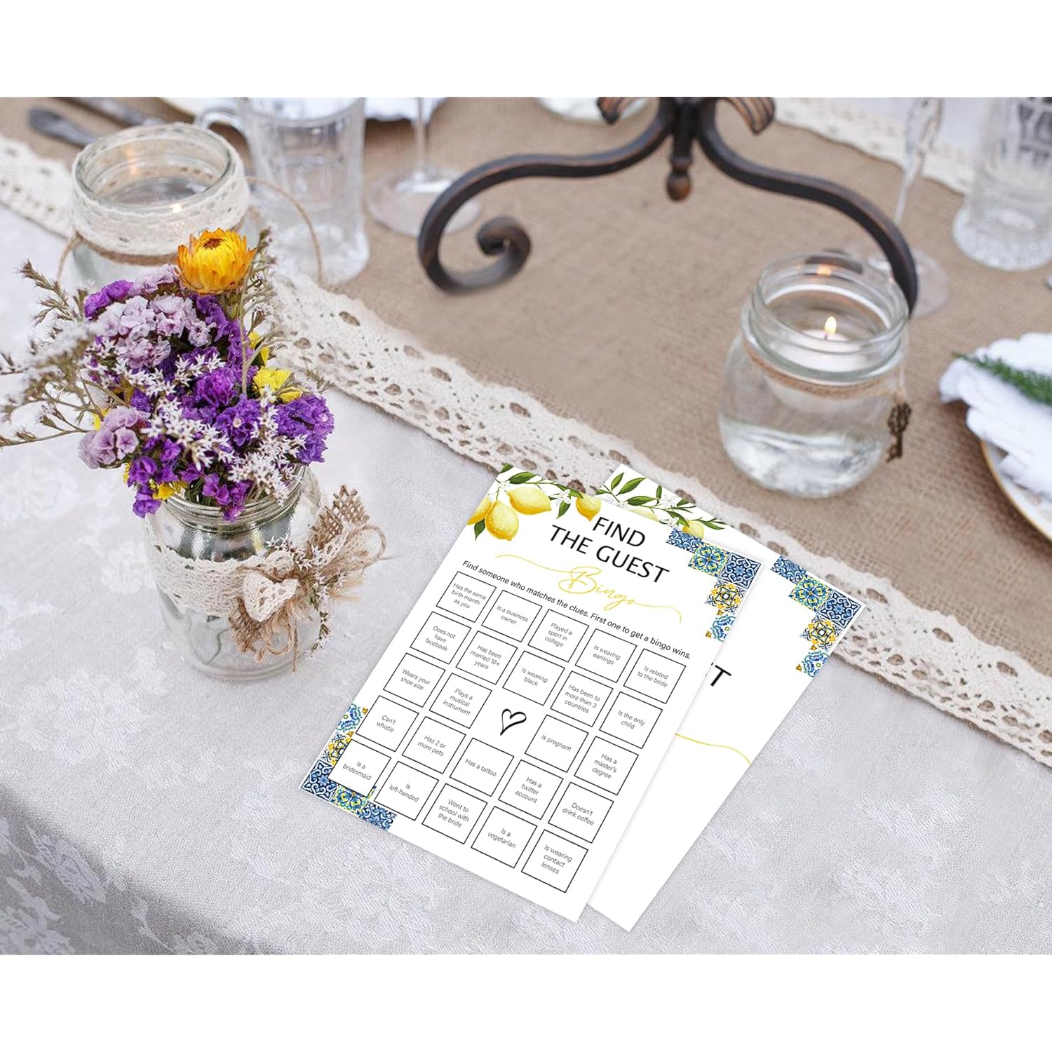 Blue Tiles And Lemons Find The Guest Bingo Game For 30 Guests With Game Cards, Lemons Bridal Shower Games, Modern Bridal Shower Decorations, Wedding Shower Or Bachelorette Party Supplies - 02