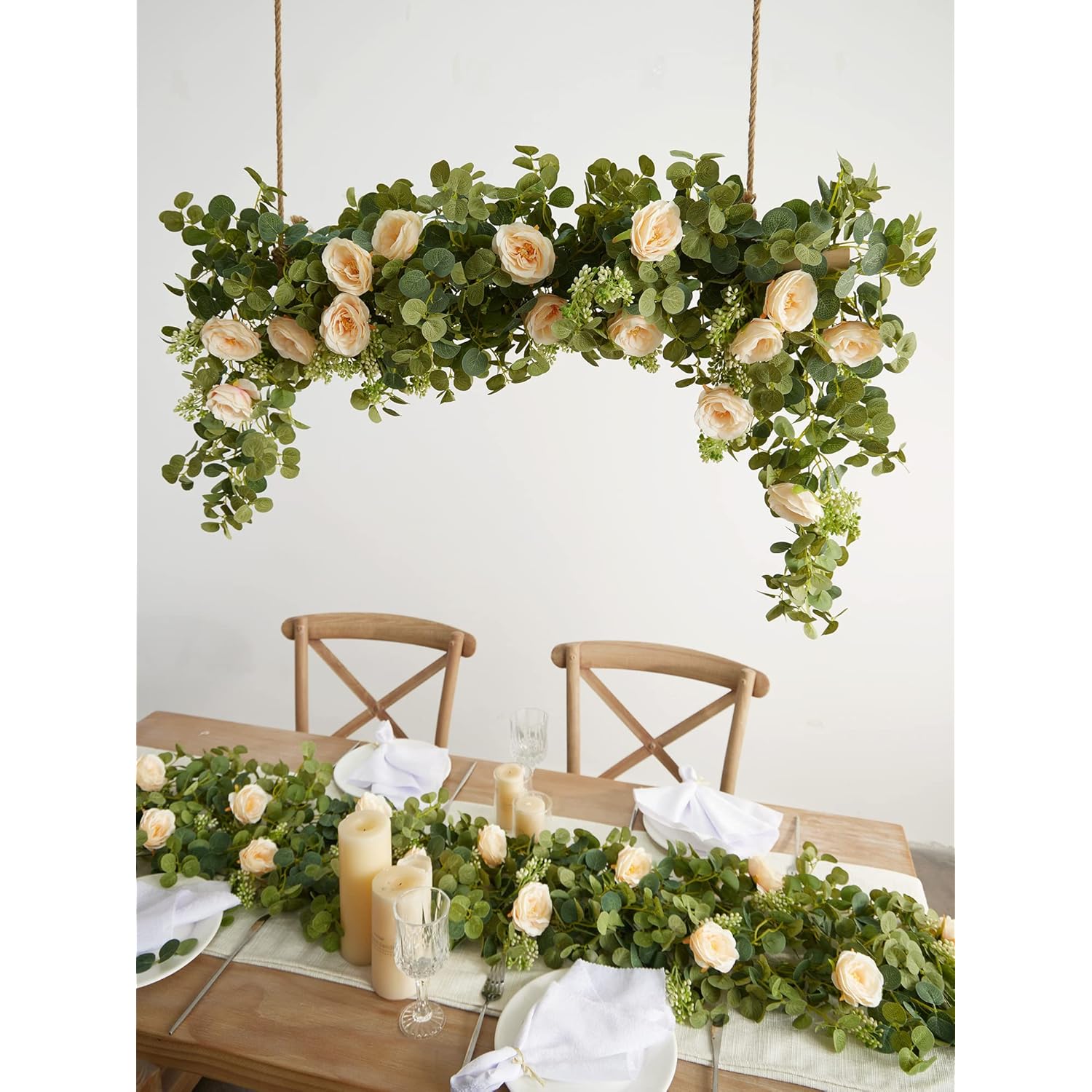 6.56Ft Eucalyptus Garland With Flowers-8 Champagne Roses-Lush,Natural Looking, Floral Garland Greenery For Party Wedding Table Indoor Outdoor Backdrop Wall Decor?Champagne,1?