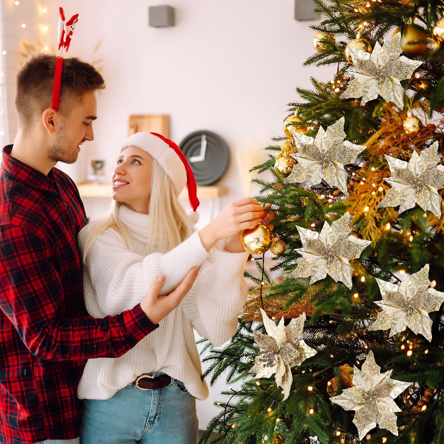 12 Pcs 9 Inch Artificial Christmas Poinsettias For Decoration Champagne Poinsettias With Clip Glitter Flower Christmas Tree For Xmas Tree Home Vase Wedding Holiday Garland Decor