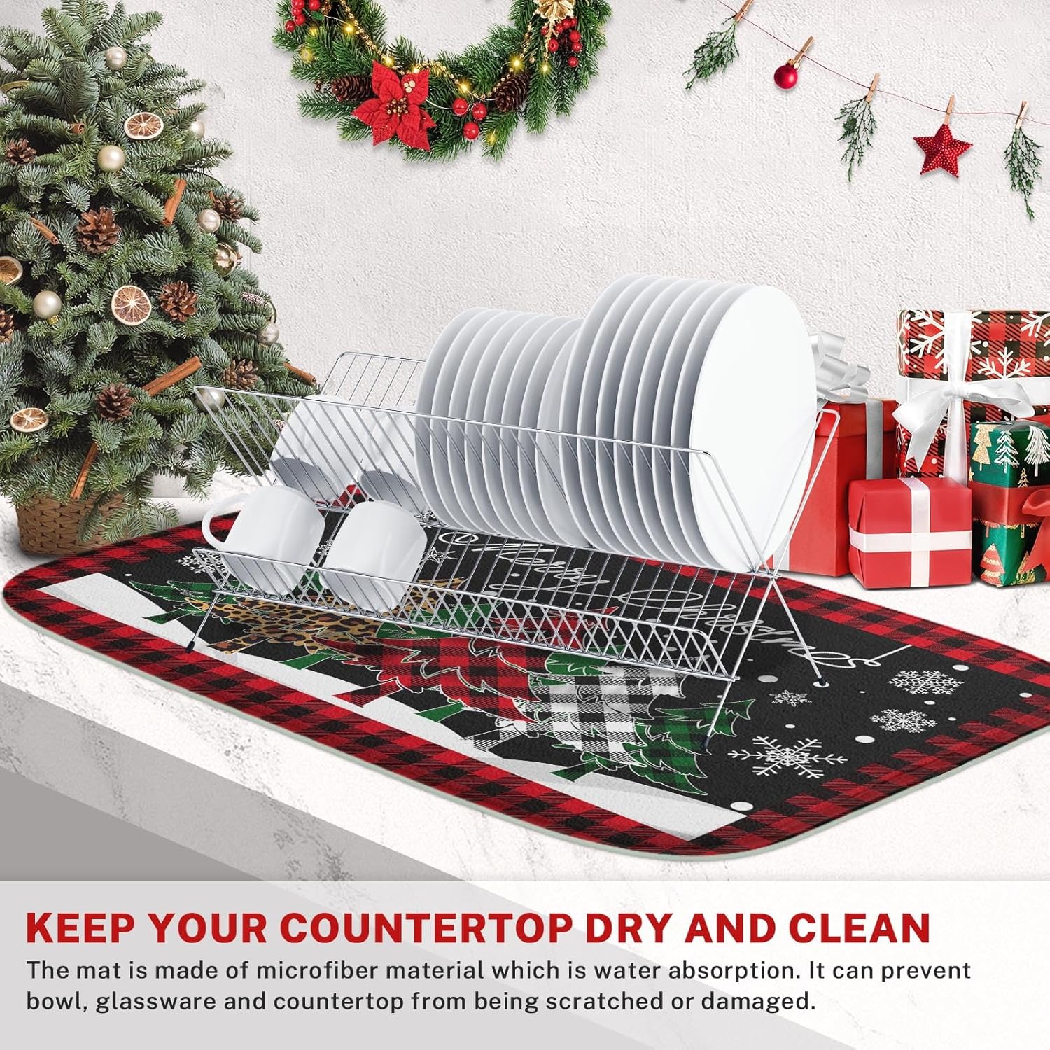 Absorbent Dish Drying Mat, Merry Christmas Microfiber Pad For Kitchen Counter, Winter Red Plad Tree For Coffee Bar Decor, Heat Resistant And Reversible, 18" X 24"