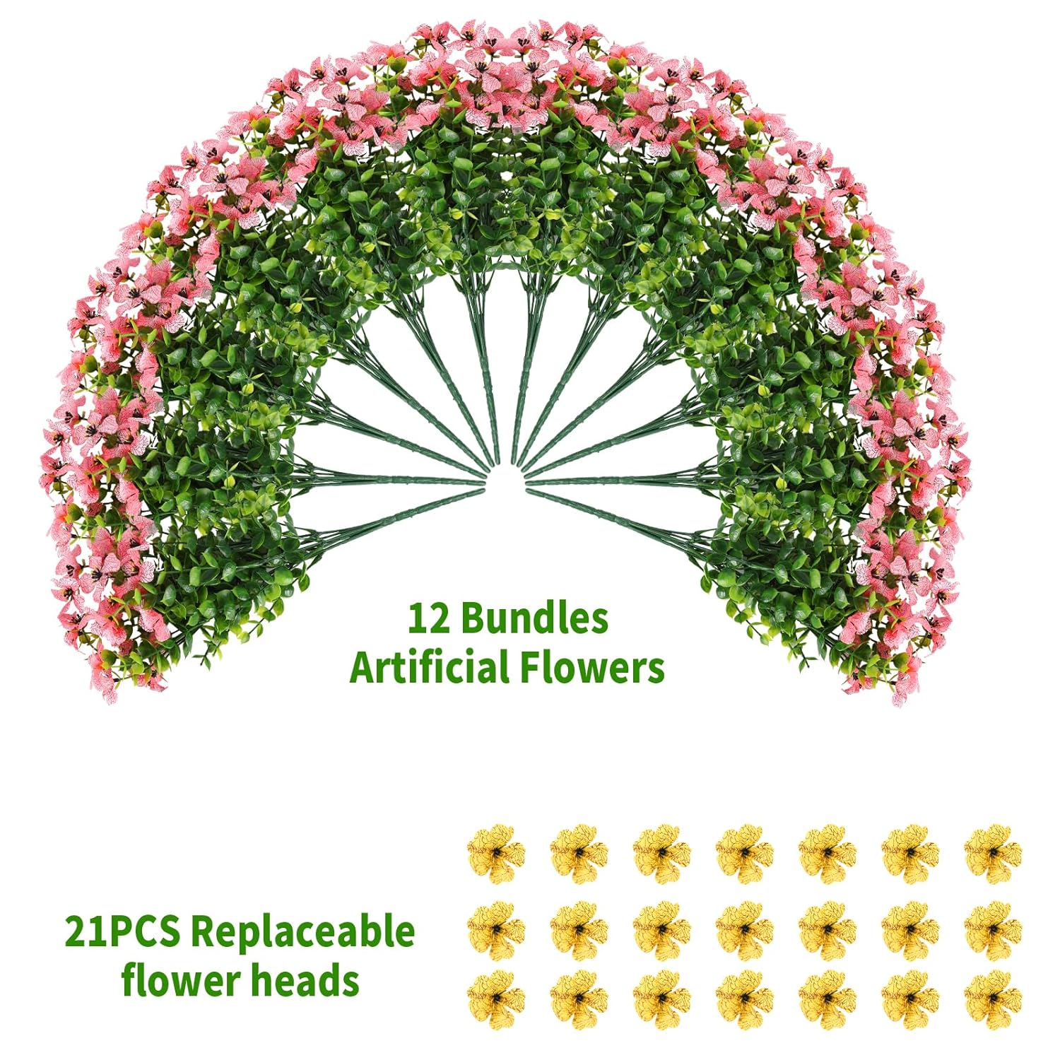 12Pcs Artificial Flowers With 21 Replaceable Flower Heads - No Fade Fake Flowers Plants, Realistic Uv Resistant Faux Flowers For Home Decor, Wedding, Outdoor Patio & Diy Arrangements (Pink/Yellow)