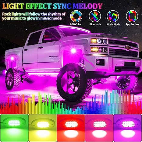 RGB LED Rock Lights Underglow Kit APP Control Music Sync Wheel Well Neon Lights for Trucks SUV ATV
