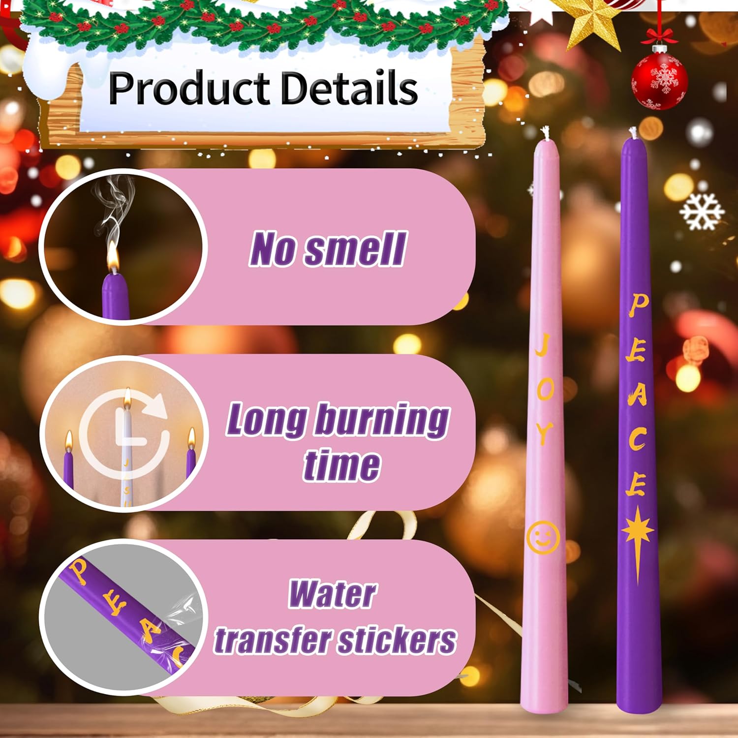 Advent Candles Set Of 5, Unscented Christmas Taper Candle With Letters & Pattern, 10 Inch X 7/8 Inch Dripless Advent Wreath Nativity Candle For Holidays, Church, Devotional, Celebration, Party