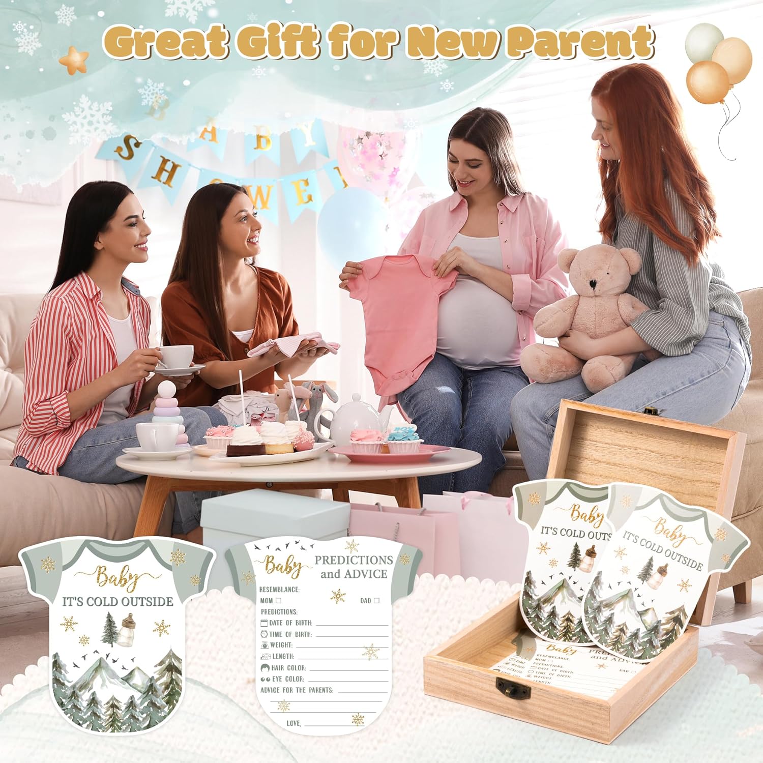 Winter Adventure Baby Shower Game - 50Pcs Baby It'S Cold Outside Winter Wonderland Snowflake Advice & Prediction Cards With Wooden Keepsake Box For Christmas Party Decor Supplies Gift