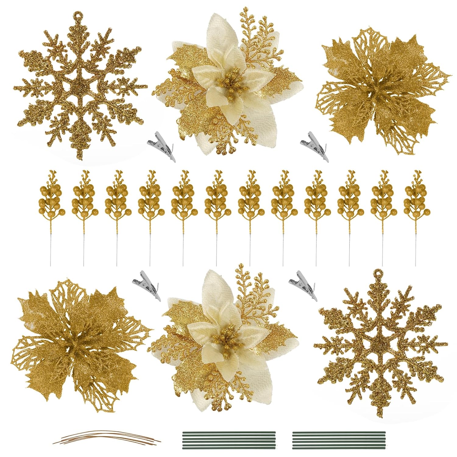 60 Pcs Poinsettia Artificial Flowers Christmas Tree Decor Clip On Set 18 Poinsettia Flowers With 12 Glitter Berry Stems 12 Pole Clips 6 Ropes Glittering Ornaments (Gold)