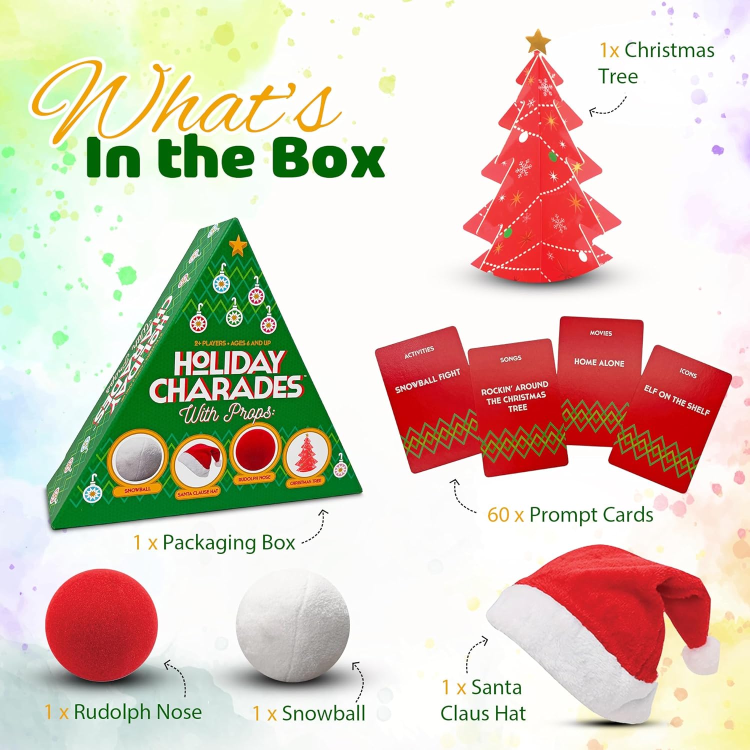 : Holiday Charades - Game With Props, Includes 60 Christmas Themed Prompt Cards, Family Christmas Party Game, Adults Kids 6+, 2+ Players