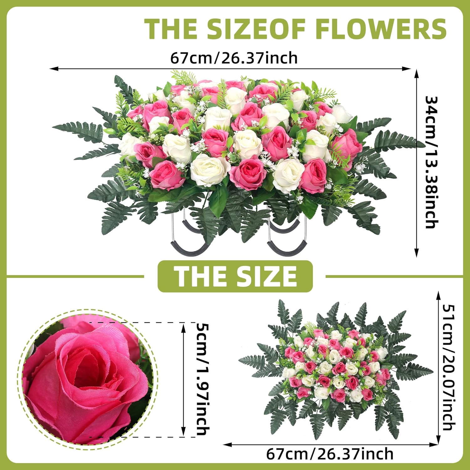 Artificial Cemetery Flowers For Grave,Headstone Flowers Saddle Outdoor Grave Saddle Memorial Silk Roses Flowers For Cemetery Decorations (Pink)