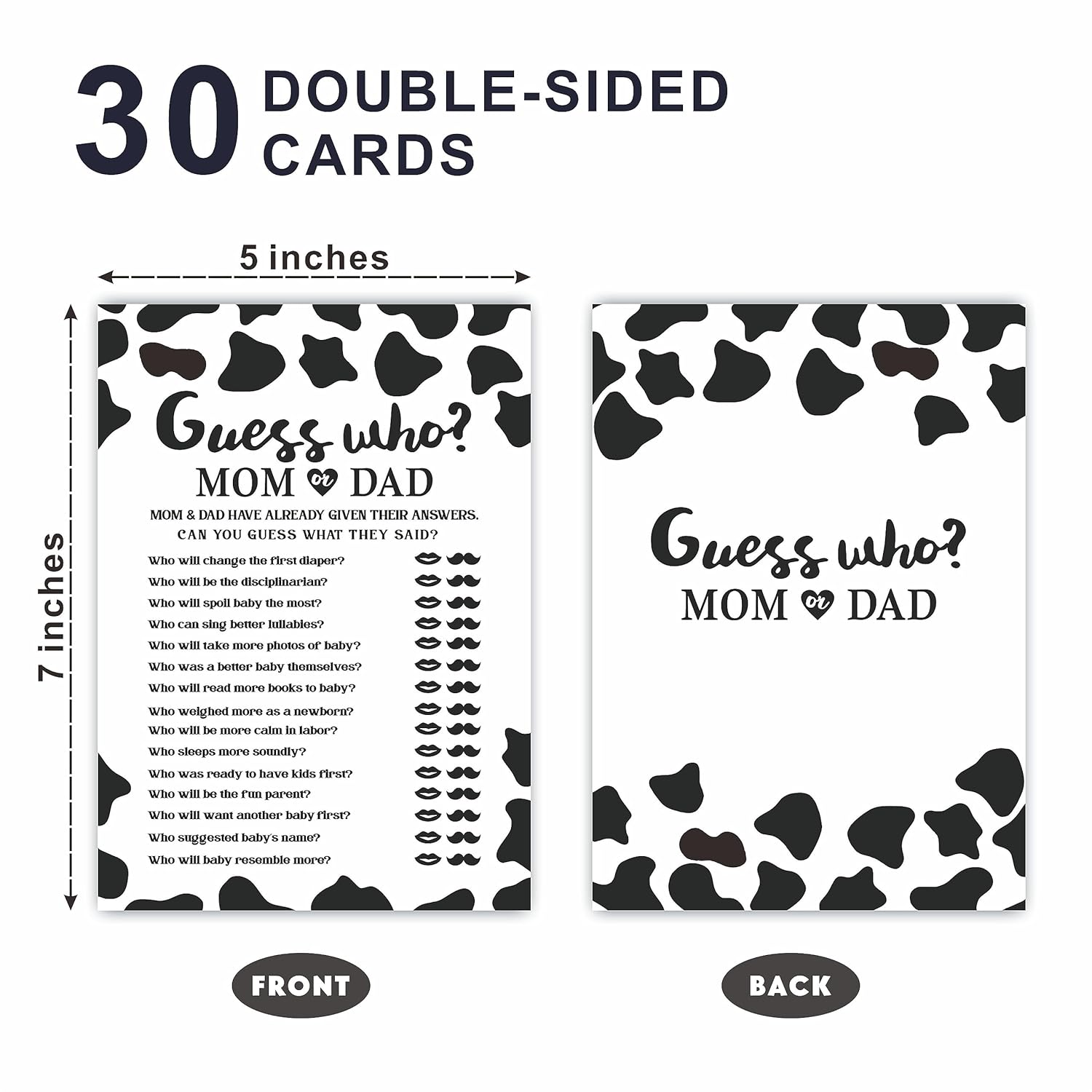 30 Cow Prints Guess Who Mom Or Dad Baby Shower Game, 5 X 7 Inches Double Sided Fill-In Game Cards For Boys Or Girls, Gender Neutral Party Favor & Supplies-(C03)