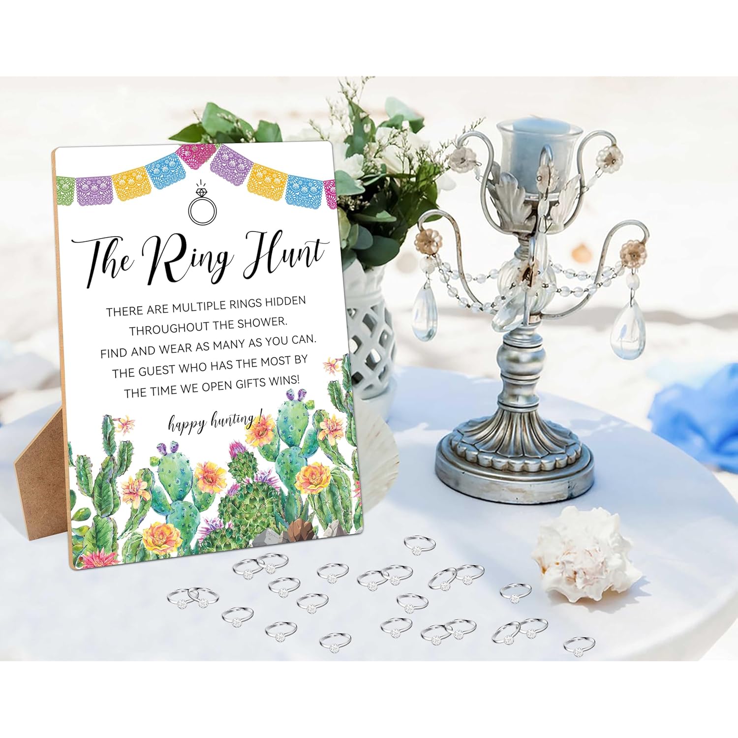 Bridal Shower Games With Rings, The Ring Hunt Game Wooden Sign And 30 Mini Plastic Rings, Mexican Fiesta Wedding Shower Engagement Party Games, Bridal Shower Bachelorette Decorations Favors