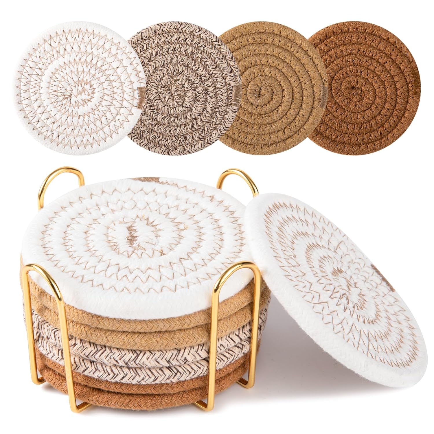 8 Pcs Coasters With Holder, Coasters For Drinks, Woven Cotton Absorbent Coaster Set For Kinds Of Cups, Housewarming Gifts For Home Decor -Yellow