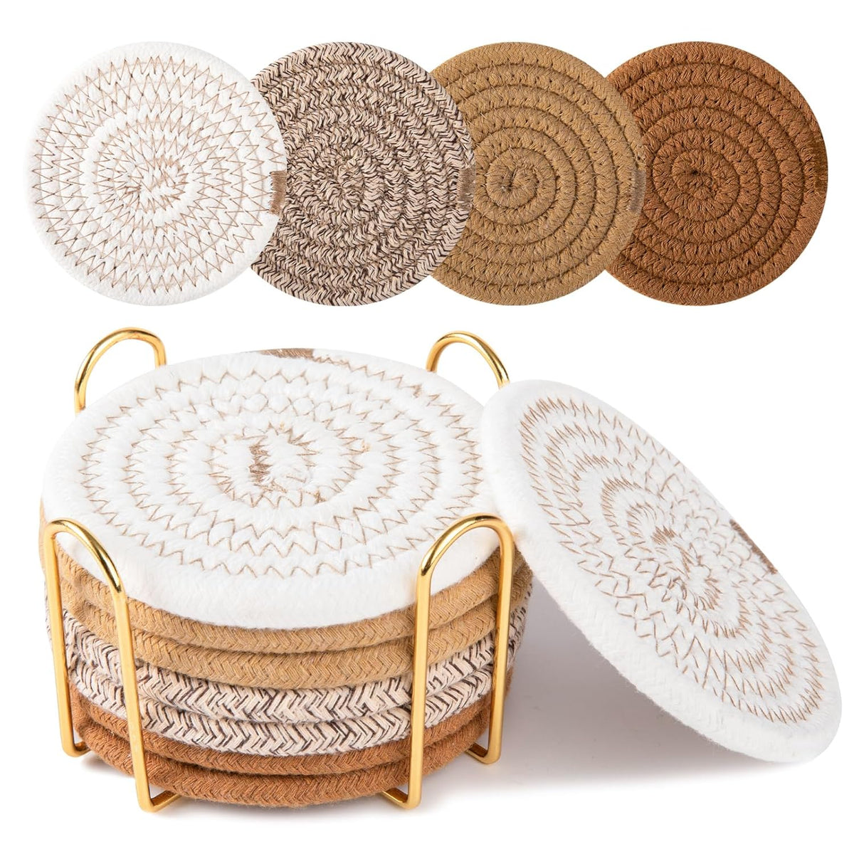 8 Pcs Coasters With Holder, Coasters For Drinks, Woven Cotton Absorbent Coaster Set For Kinds Of Cups, Housewarming Gifts For Home Decor -Yellow
