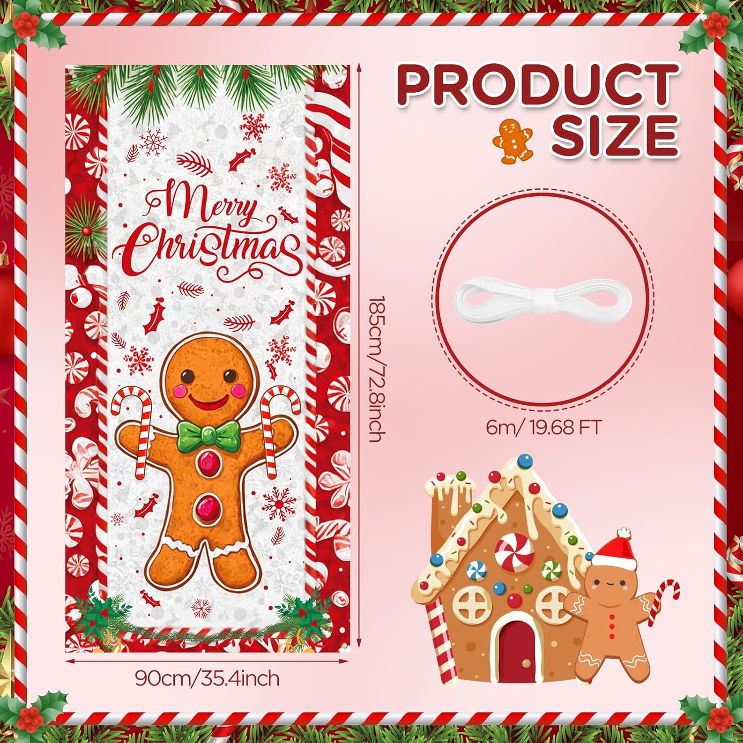 Merry Christmas Gingerbread Man Front Door Decorations Banner - Christmas Gingerbread House Peppermint Candy Cane Door Cover Banner For Xmas New Year Holiday Candy Party Supplies