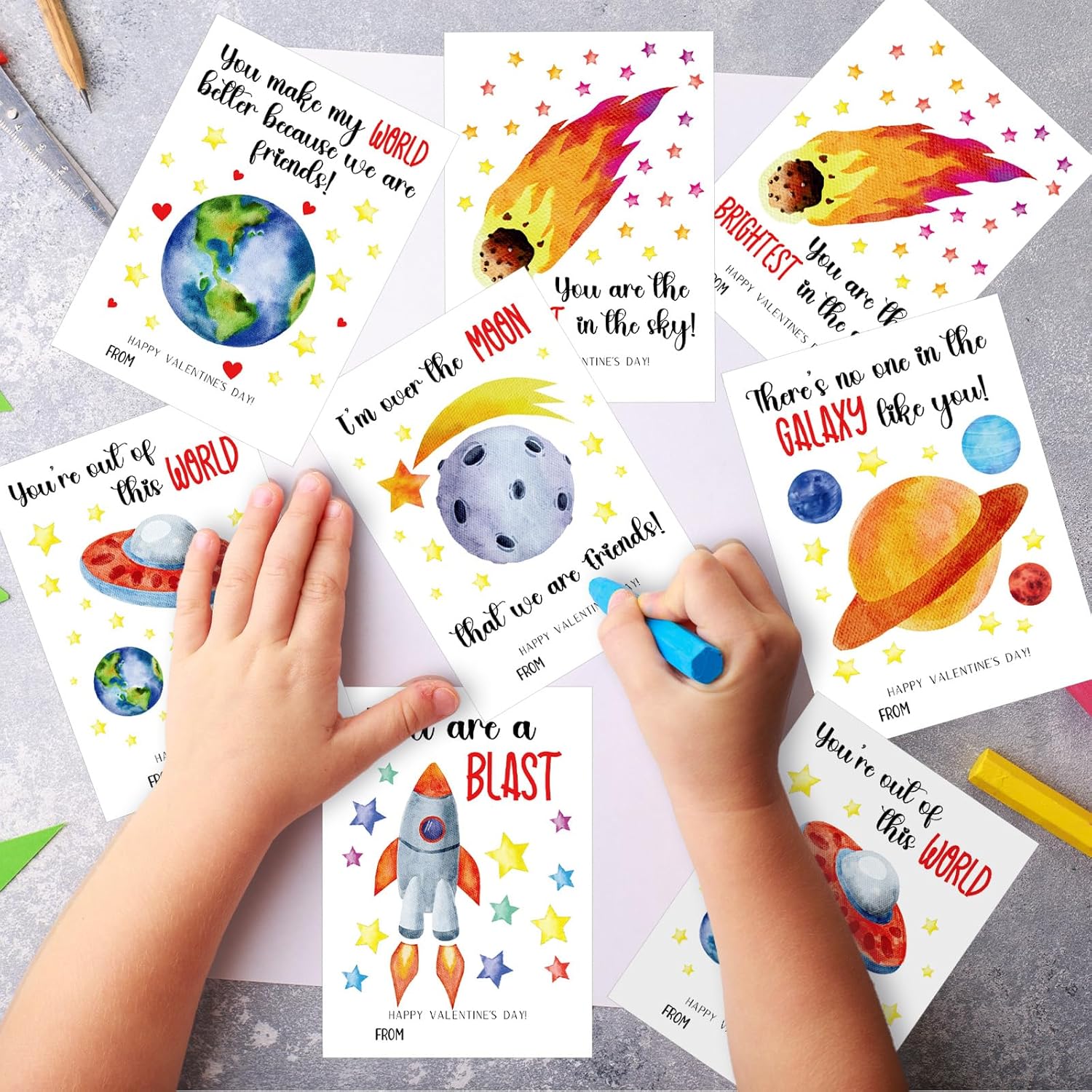 36 Pcs Valentines Day Cards Planet Card Stock Spaceship Valentines Day Card For Valentine'S Day Party Favor Classroom School Party Favors