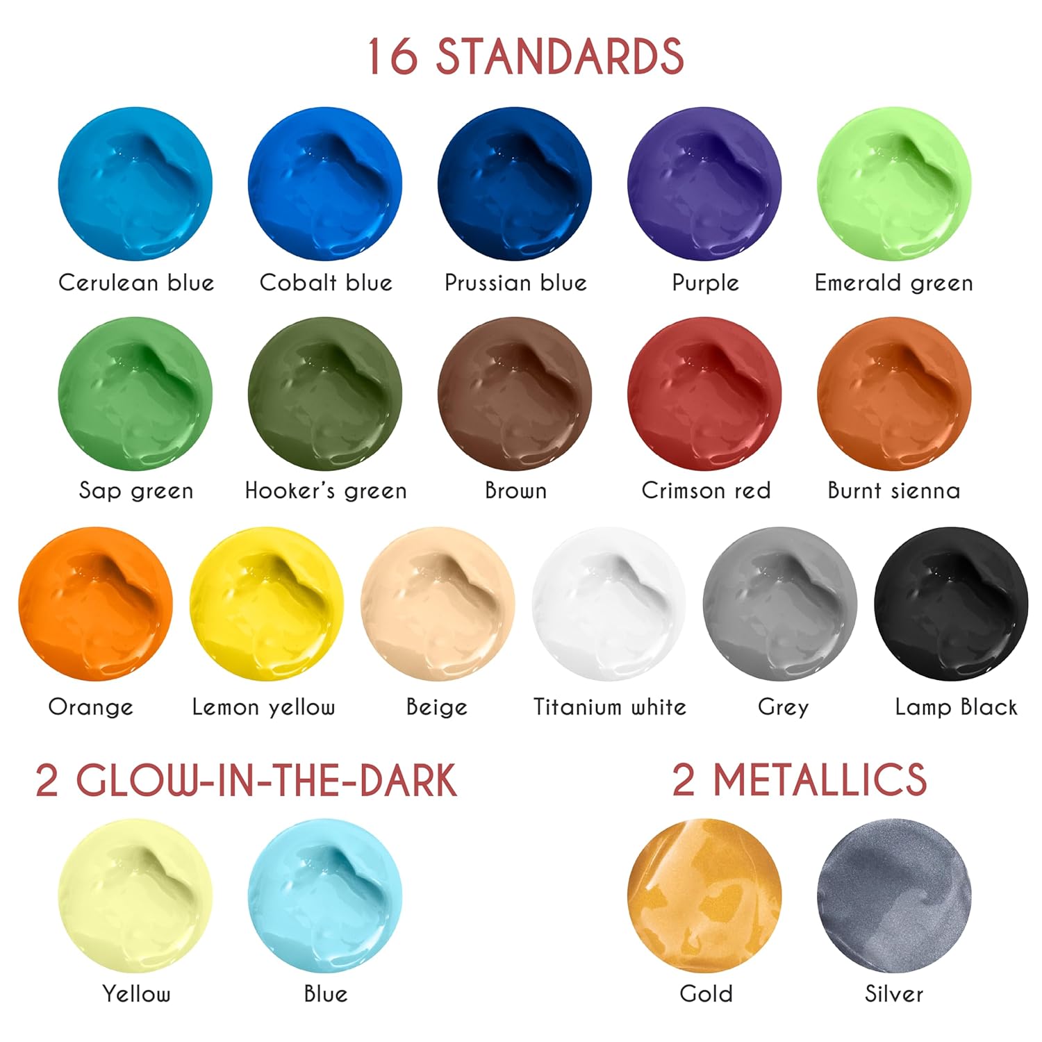 Outdoor Acrylic Paint Set (2 Fl Oz)- 20 Tubes 2 With Glow In The Dark Effect - Art Supplies For Adults - For Multiple Use- Woods, Leather, Metal & Fabric Paint & Paint For Rocks Outdoor/Craft Paint