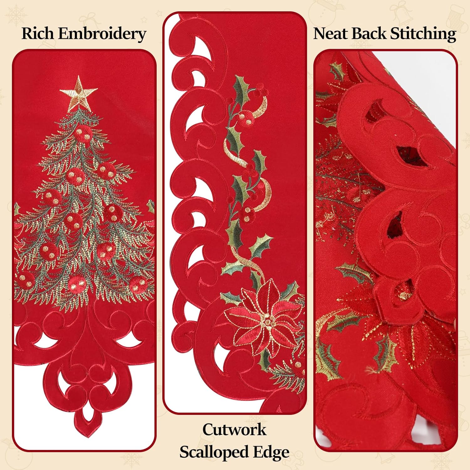 Red Christmas Table Runner - Small 54 Inches Long, Embroidered Tree & Poinsettia Cutwork Lace Linen Tablerunner For Dining Room, Kitchen, Mantel Or Coffee Table, Holiday Xmas Decor