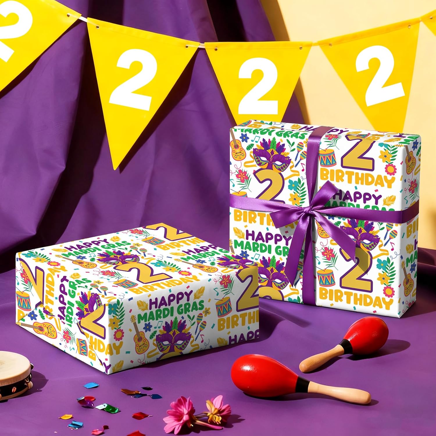 Carnival 2Nd Birthday Wrapping Paper Roll - Mini Roll - 17 Inch X 16.5 Feet - Happy Mardi Gras Wrapping Paper For Kids Boys Girls Birthday, Carnival, Mardi Gras Party