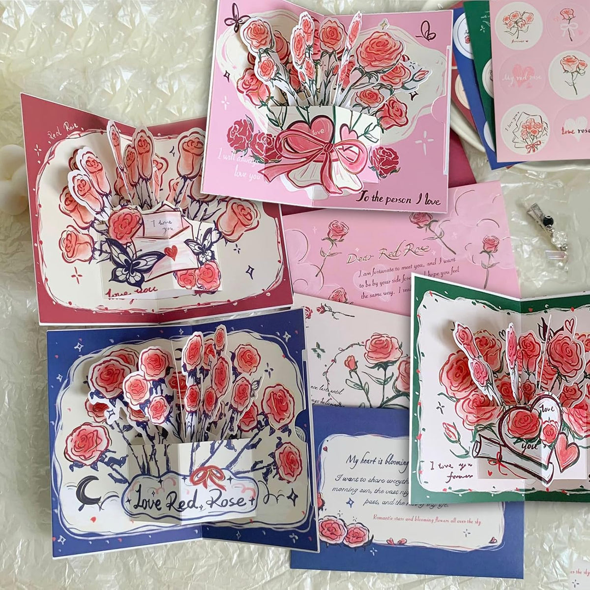 4 Packs Paper Flower Bouquet Pop Up Greeting Cards Paper Roses 3D Cards With Envelope Seal Stickers For Wedding Anniversary Birthday Valentine'S Day Gift For Women Wife Girlfriend (4 Colors)