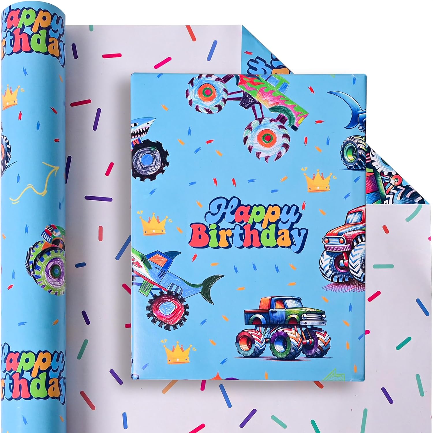 Reversible Monster Truck Birthday Wrapping Paper Roll For Boys Kids - Blue Shark Monster Truck & Colorful Confetti Design Gigt Wrap For Holiday Baby Shower Diy Craft Party - 17 In X 20 Ft(Total 28.5Sq.Ft)